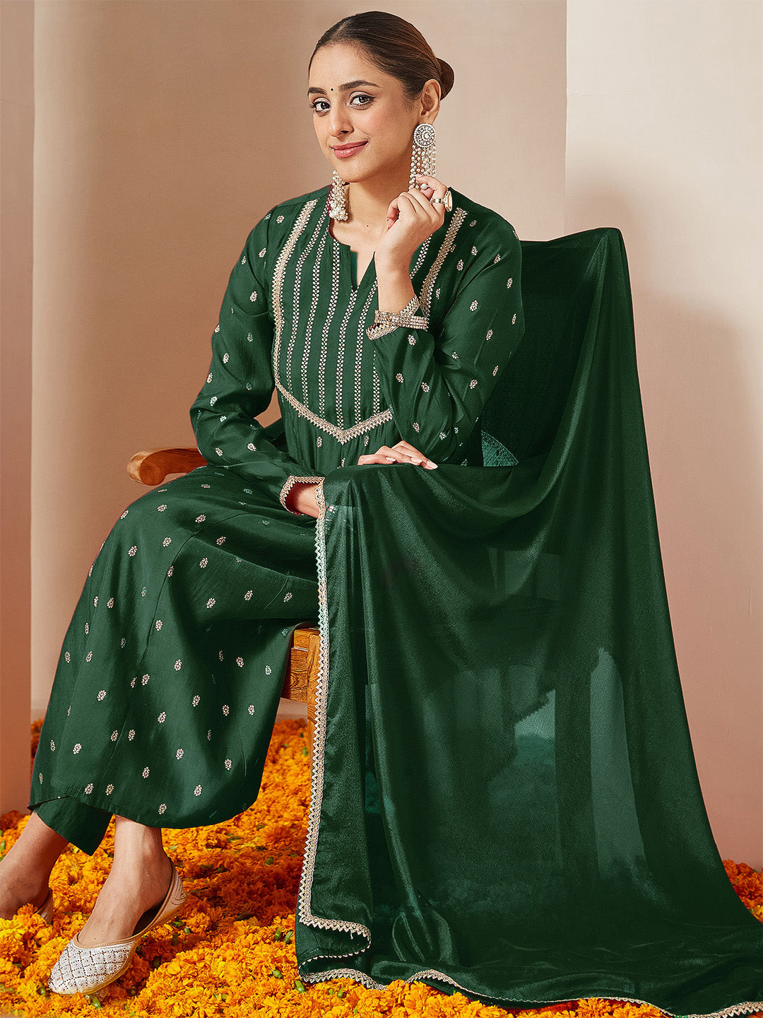 Ninnique Women's Dark Green Chanderi Silk Embellished Gold Printed Anarkali Kurta Set