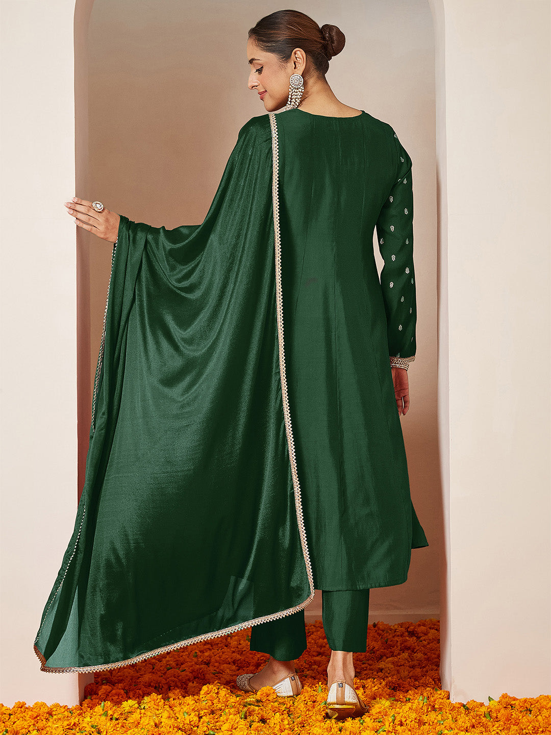 Ninnique Women's Dark Green Chanderi Silk Embellished Gold Printed Anarkali Kurta Set