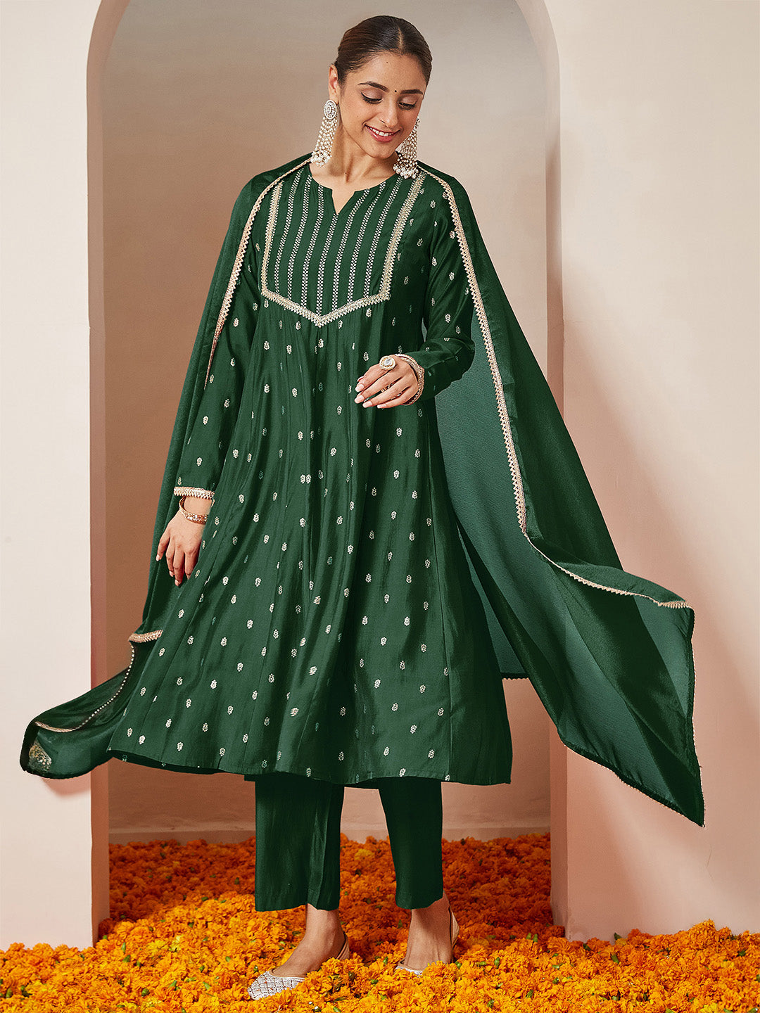 Ninnique Women's Dark Green Chanderi Silk Embellished Gold Printed Anarkali Kurta Set