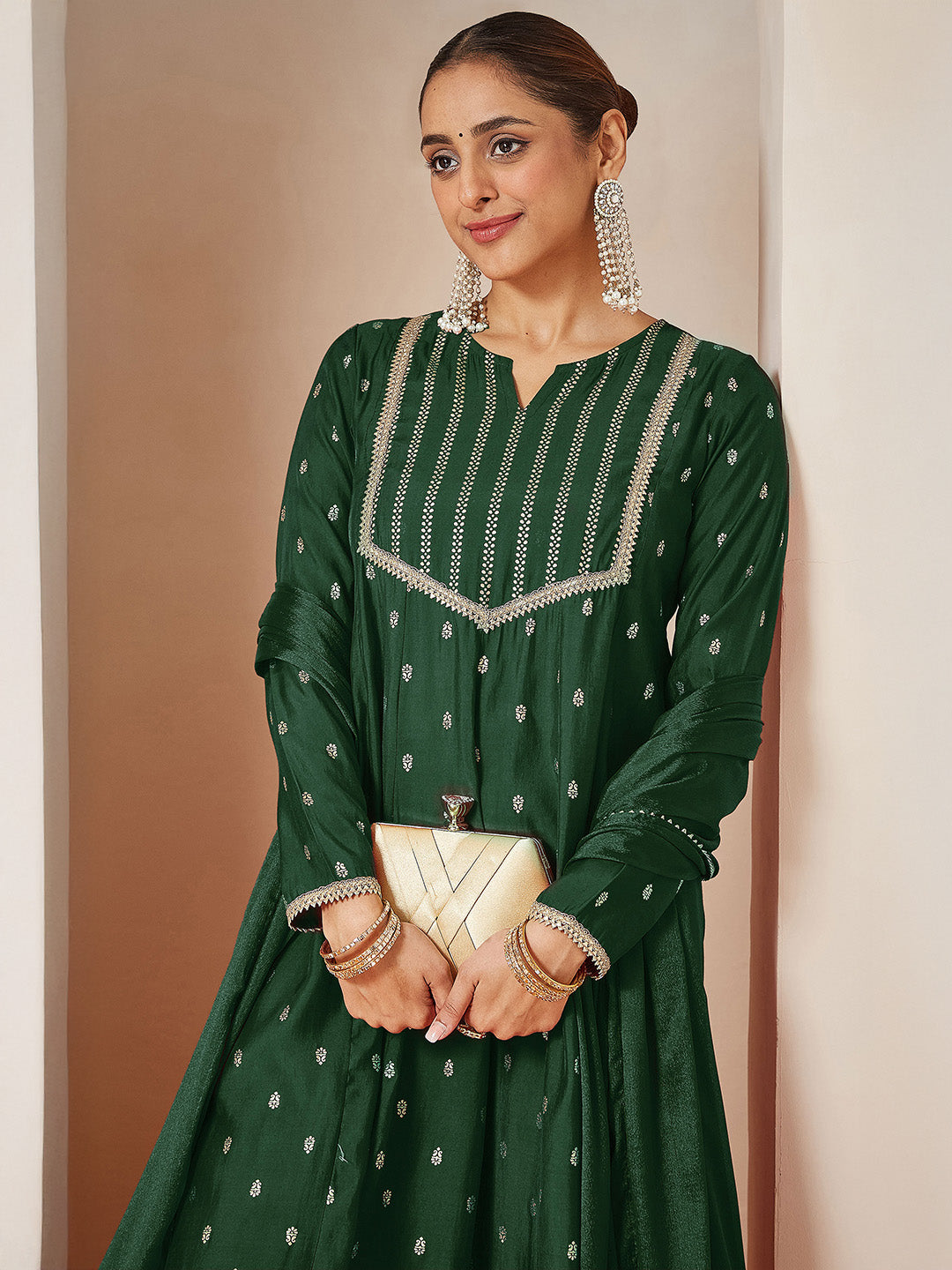 Ninnique Women's Dark Green Chanderi Silk Embellished Gold Printed Anarkali Kurta Set