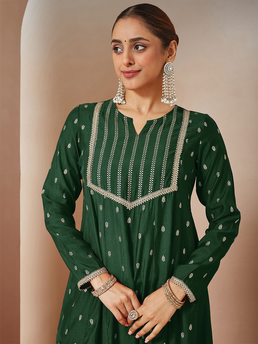 Ninnique Women's Dark Green Chanderi Silk Embellished Gold Printed Anarkali Kurta Set