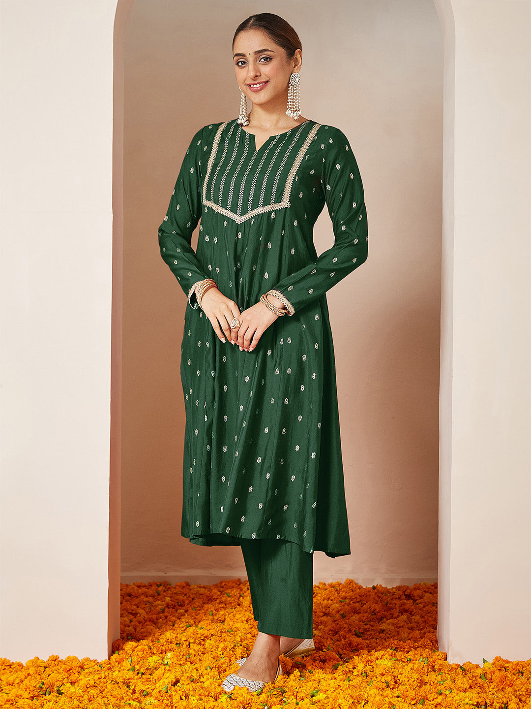 Ninnique Women's Dark Green Chanderi Silk Embellished Gold Printed Anarkali Kurta Set