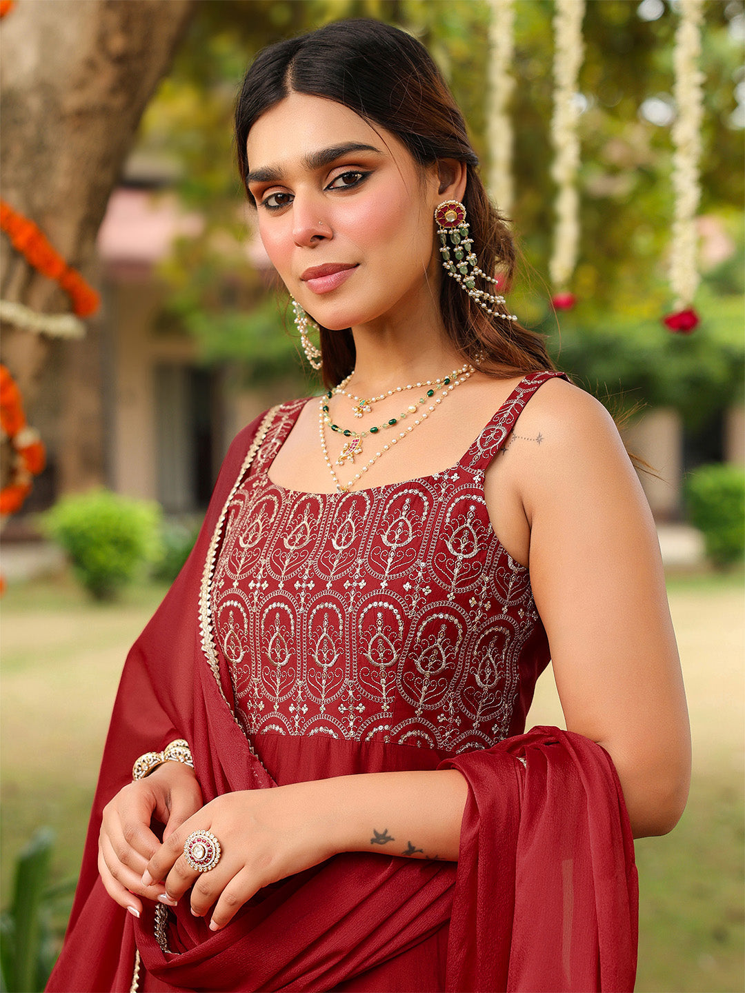 Ninnique Women's Maroon Chanderi Silk Zari Embroiderd A-line Kurta Set