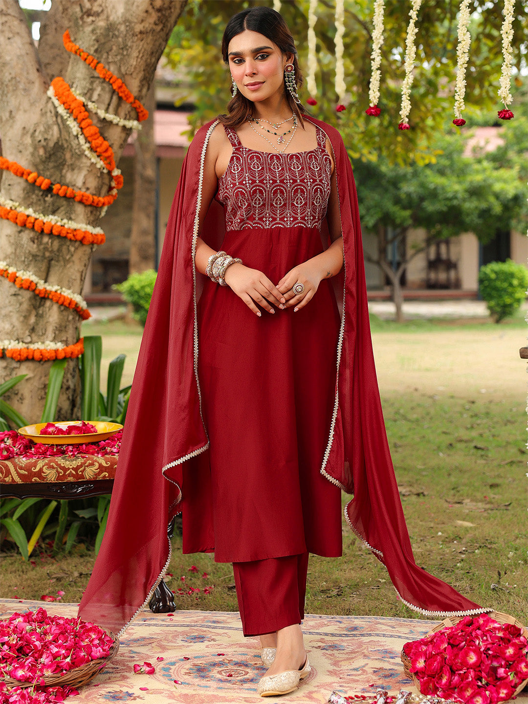 Ninnique Women's Maroon Chanderi Silk Zari Embroiderd A-line Kurta Set
