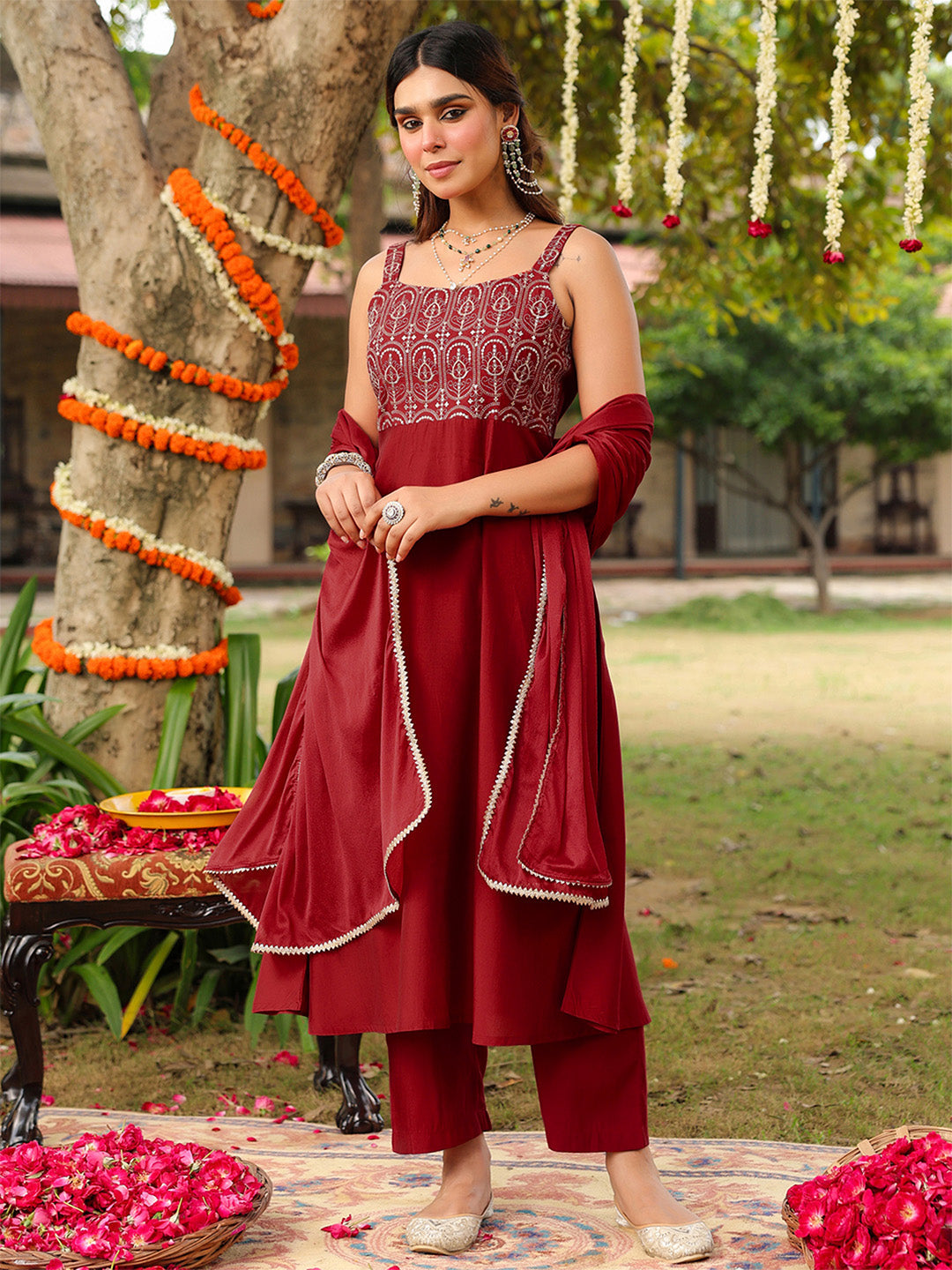 Ninnique Women's Maroon Chanderi Silk Zari Embroiderd A-line Kurta Set