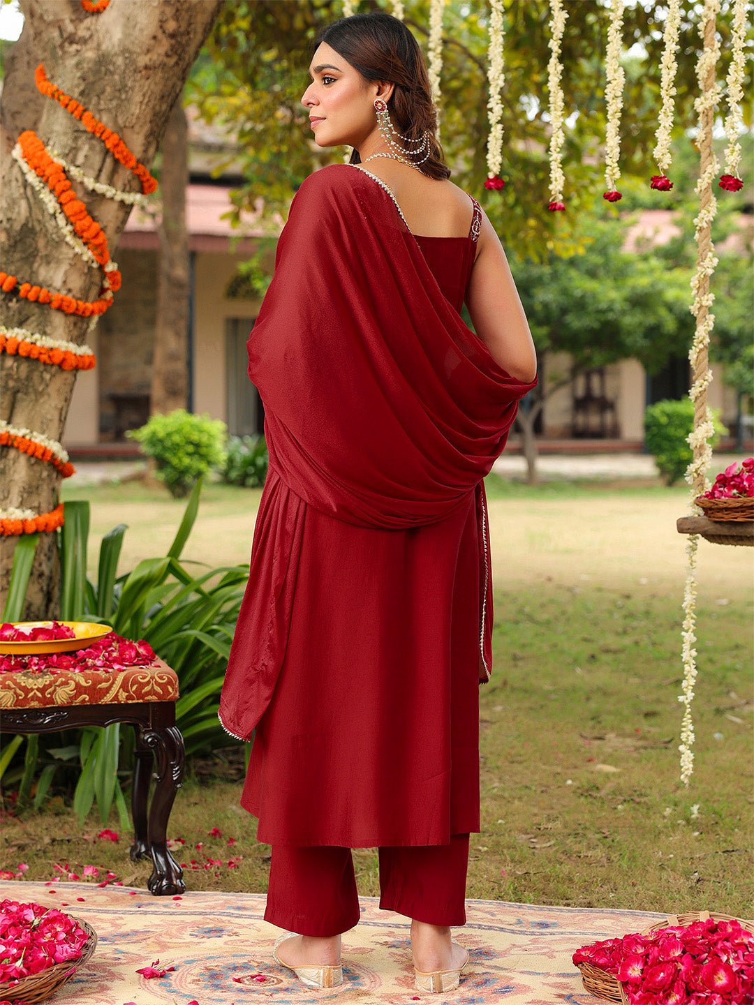 Ninnique Women's Maroon Chanderi Silk Zari Embroiderd A-line Kurta Set