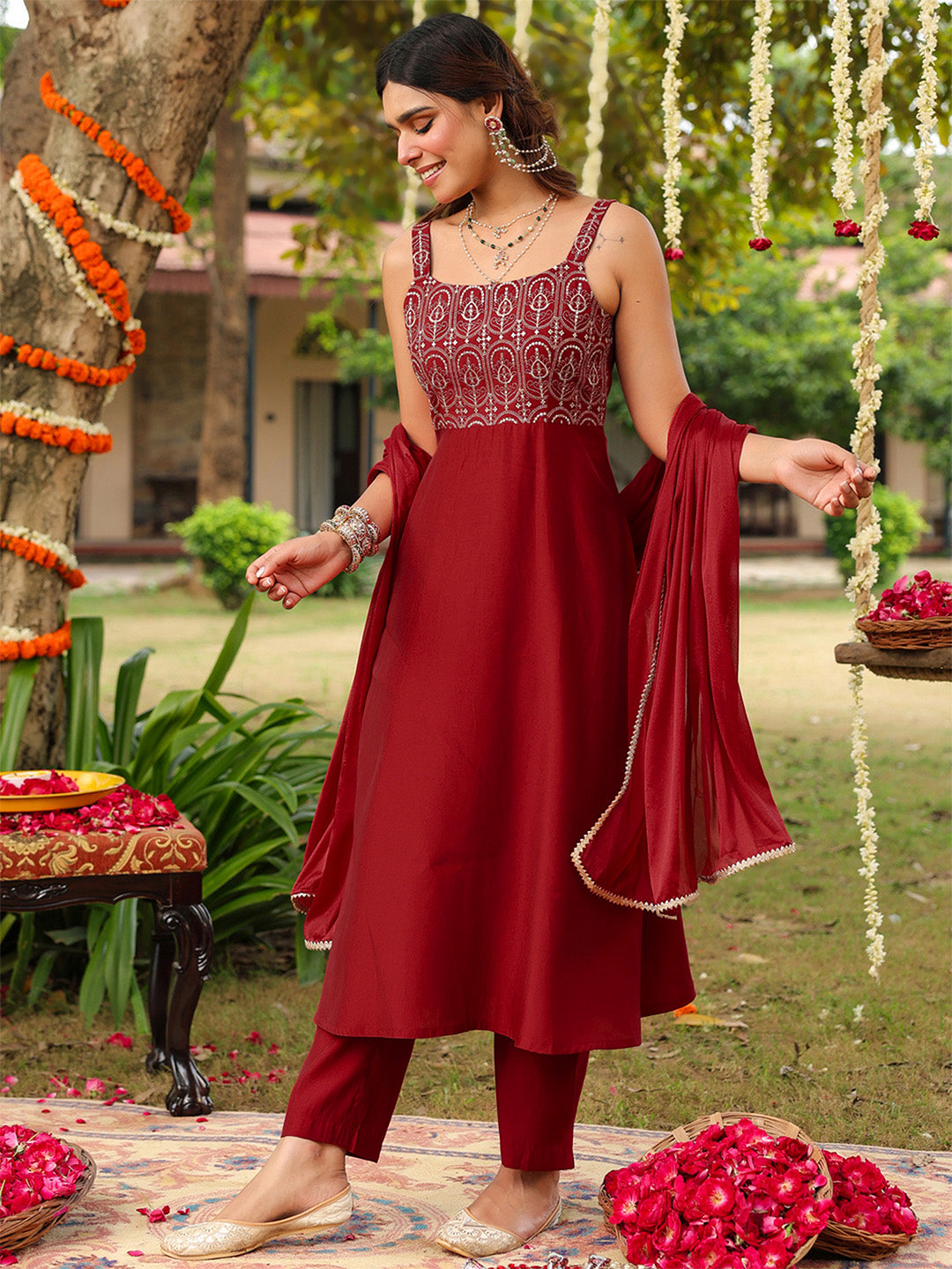 Ninnique Women's Maroon Chanderi Silk Zari Embroiderd A-line Kurta Set