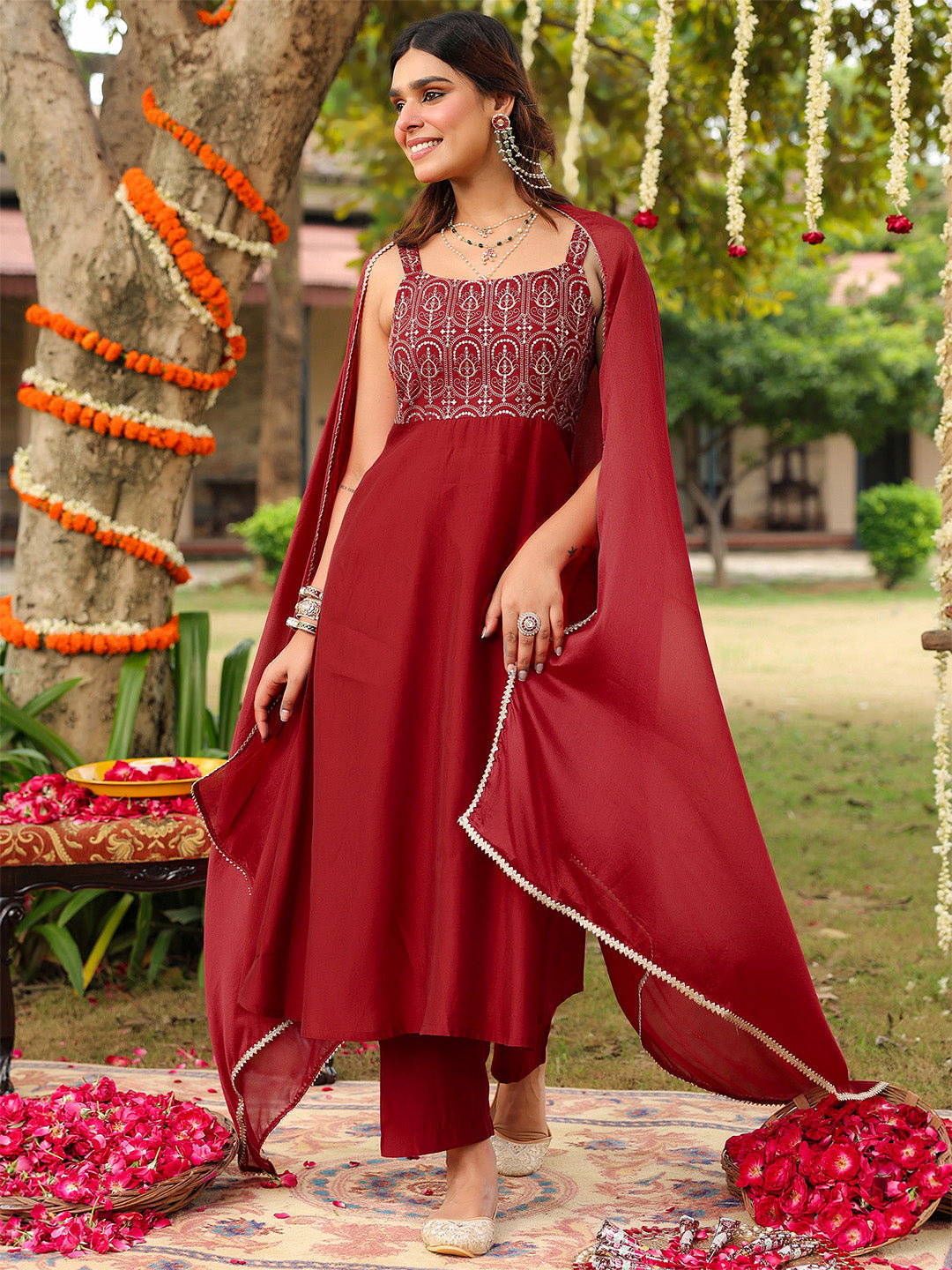 Ninnique Women's Maroon Chanderi Silk Zari Embroiderd A-line Kurta Set