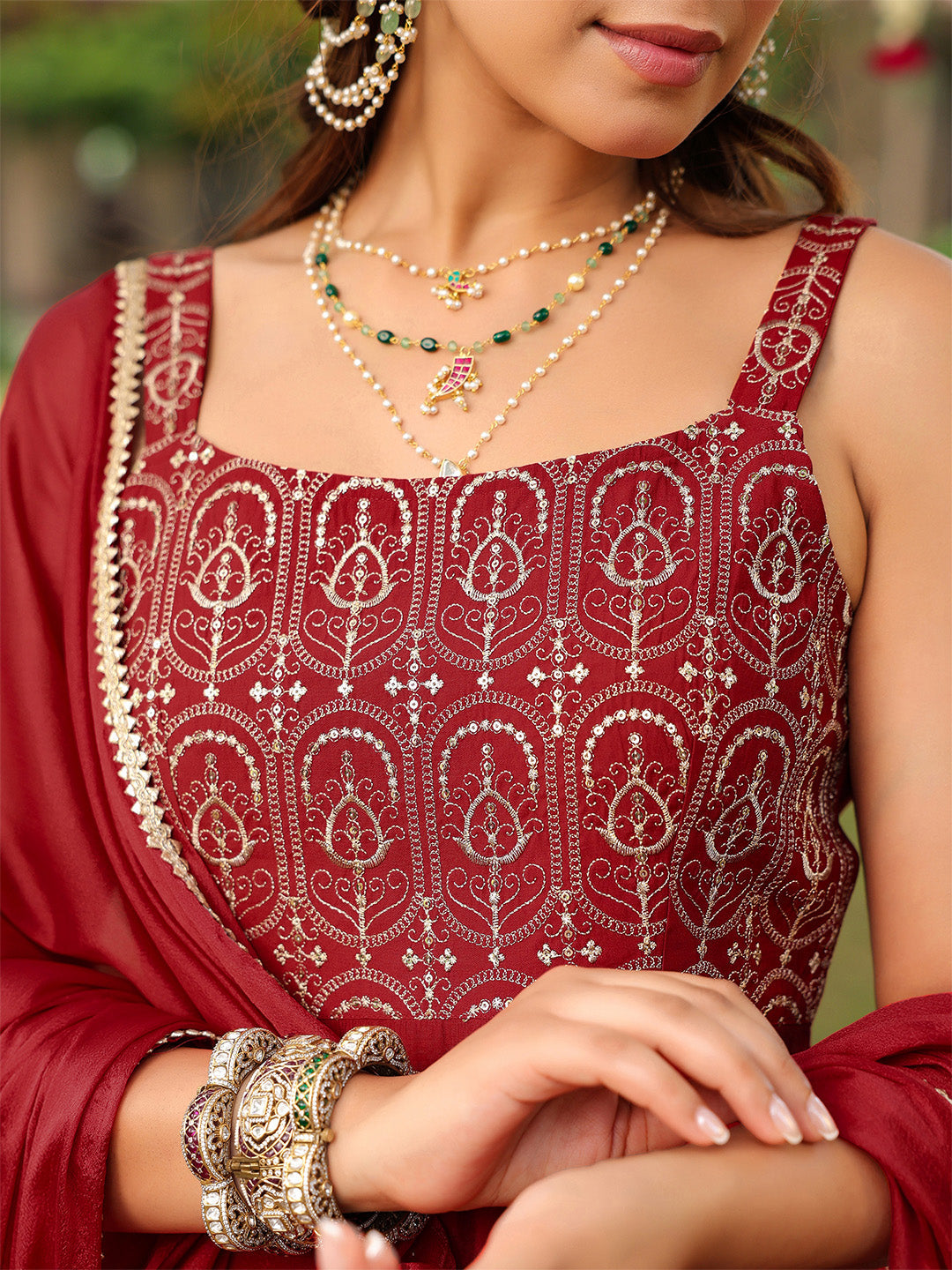 Ninnique Women's Maroon Chanderi Silk Zari Embroiderd A-line Kurta Set
