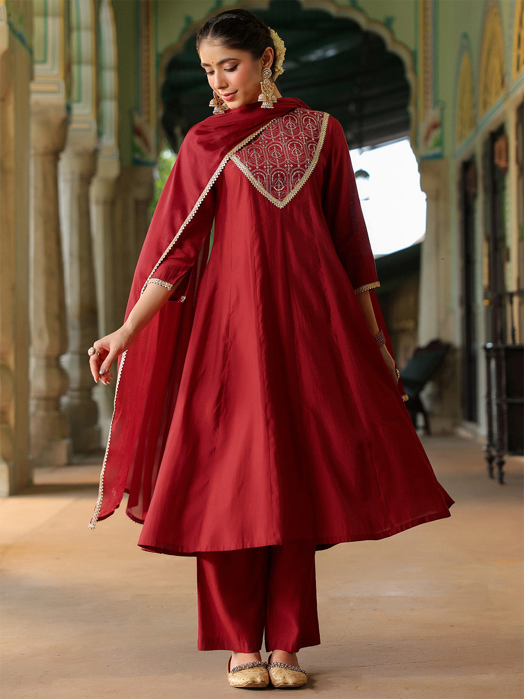 Ninnique Women's Maroon Chanderi Silk Embroidered Anarkali Kurta Set