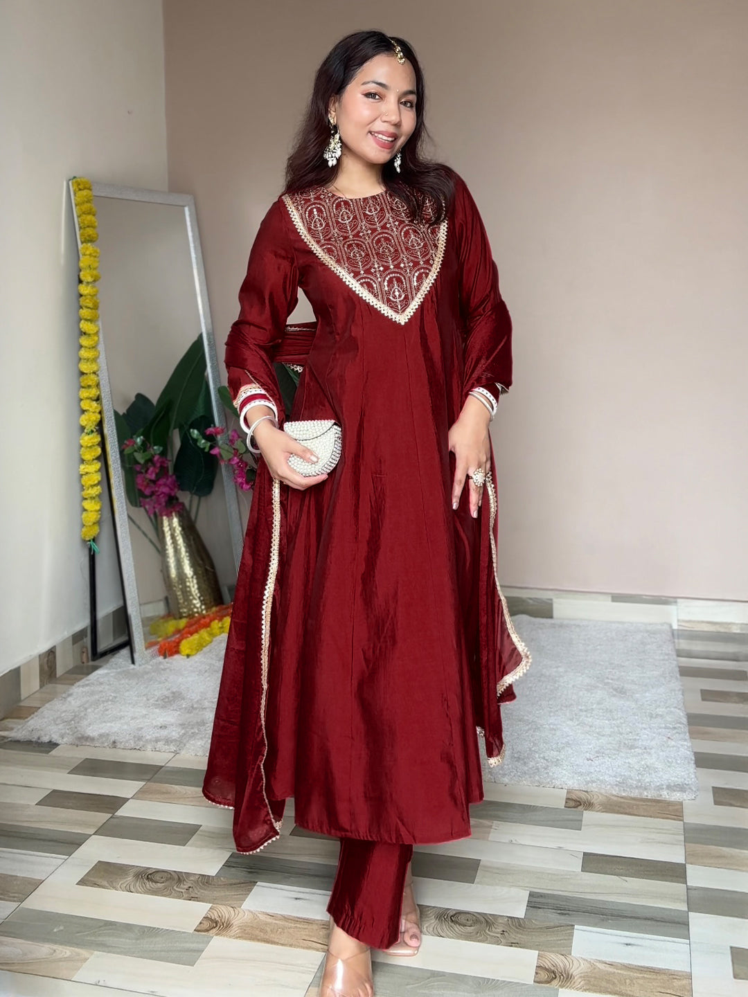 Ninnique Women's Maroon Chanderi Silk Embroidered Anarkali Kurta Set