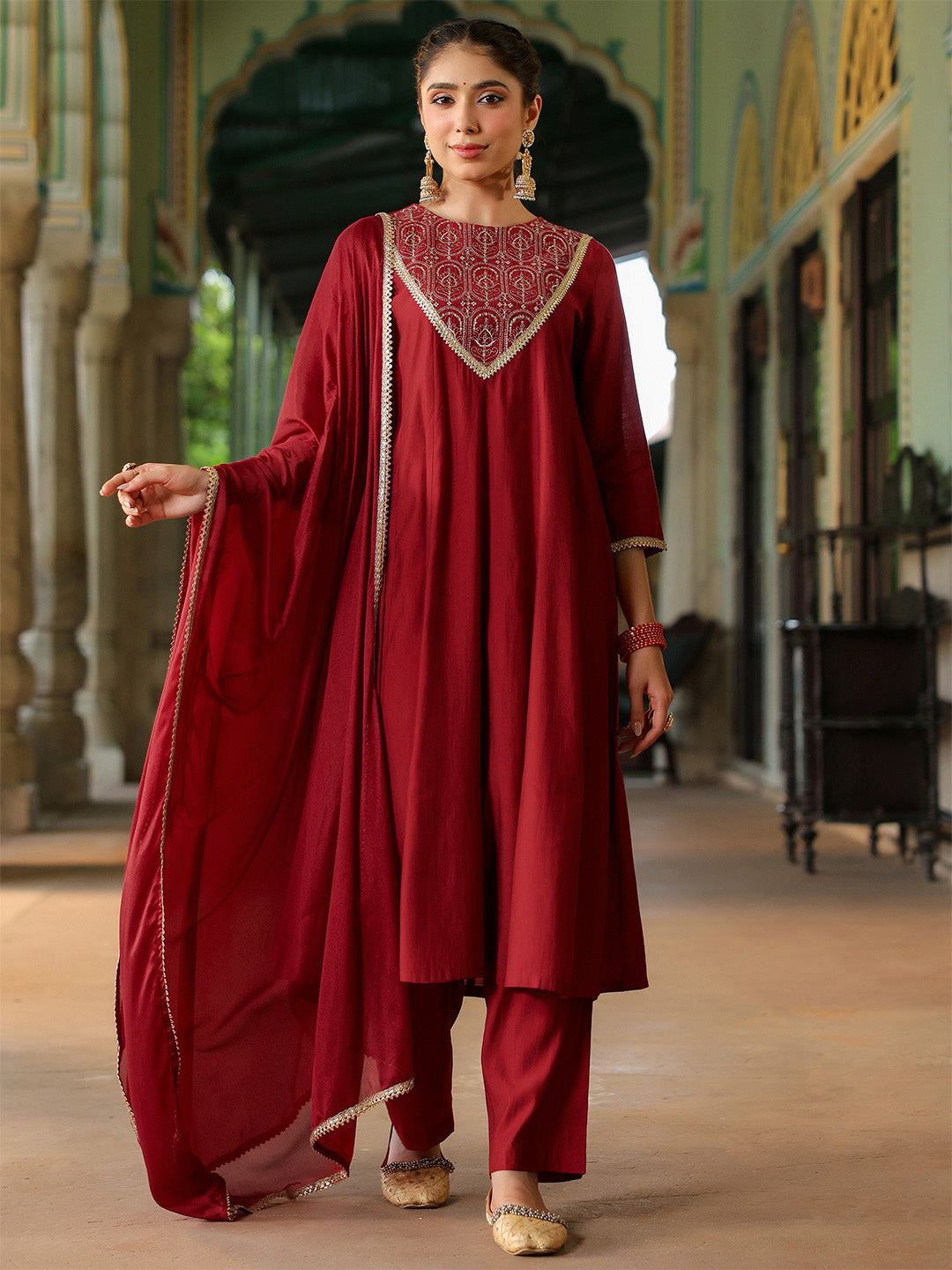 Ninnique Women's Maroon Chanderi Silk Embroidered Anarkali Kurta Set
