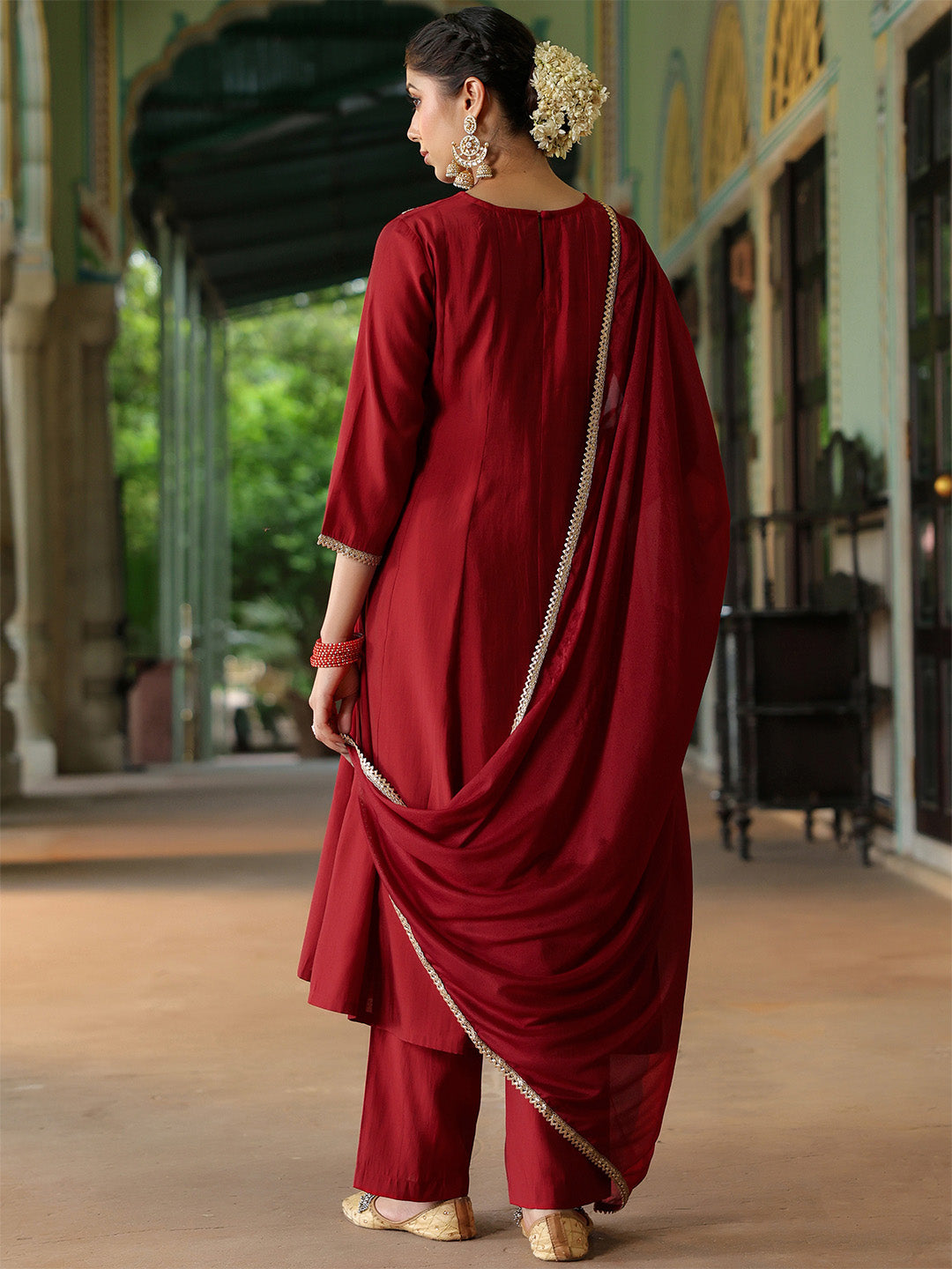 Ninnique Women's Maroon Chanderi Silk Embroidered Anarkali Kurta Set