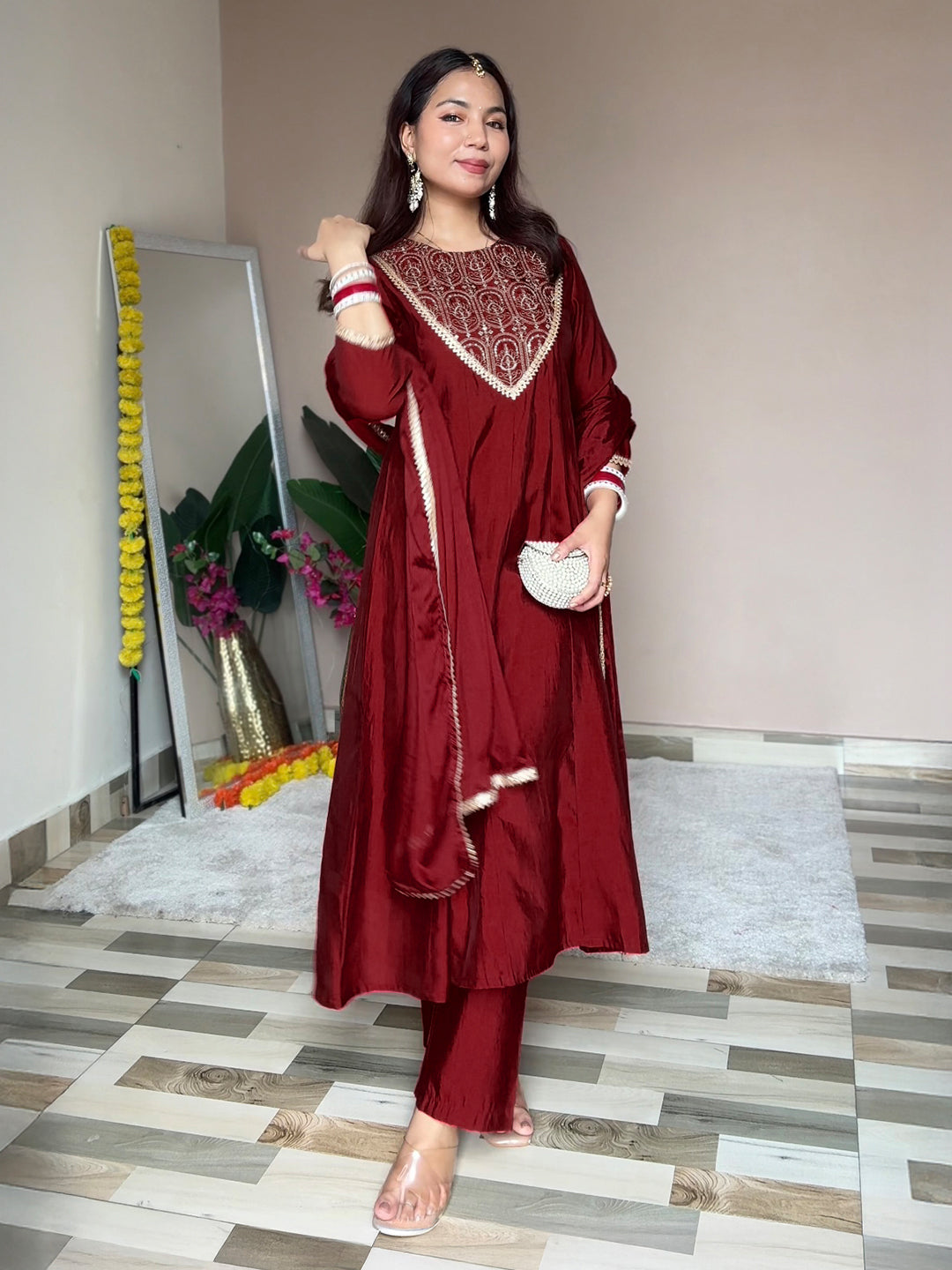 Ninnique Women's Maroon Chanderi Silk Embroidered Anarkali Kurta Set