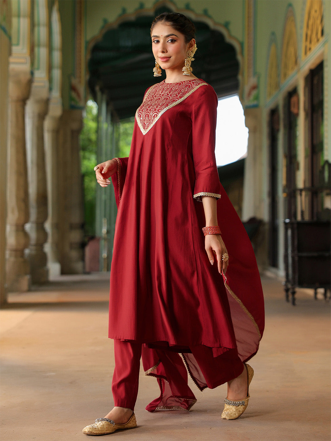 Ninnique Women's Maroon Chanderi Silk Embroidered Anarkali Kurta Set