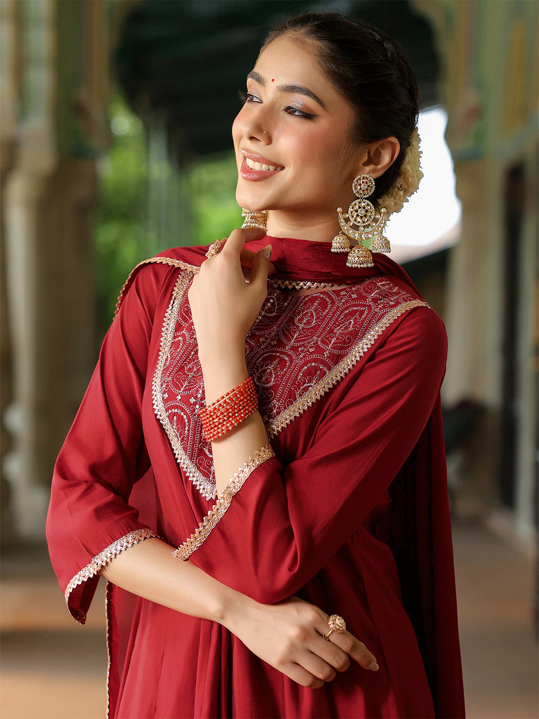 Ninnique Women's Maroon Chanderi Silk Embroidered Anarkali Kurta Set