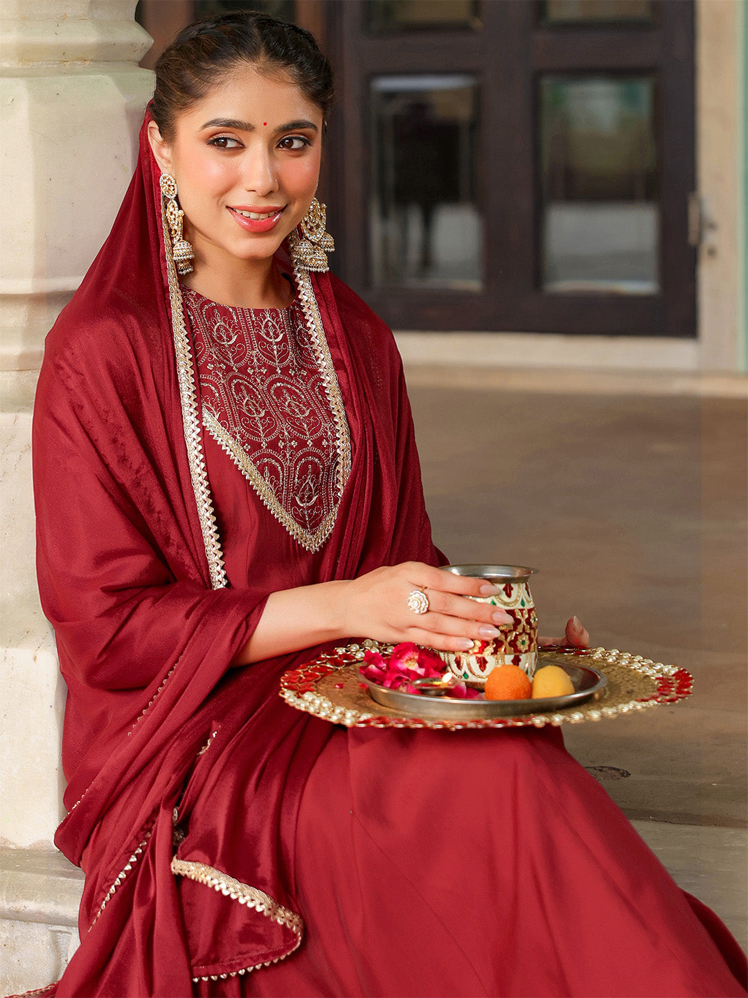 Ninnique Women's Maroon Chanderi Silk Embroidered Anarkali Kurta Set