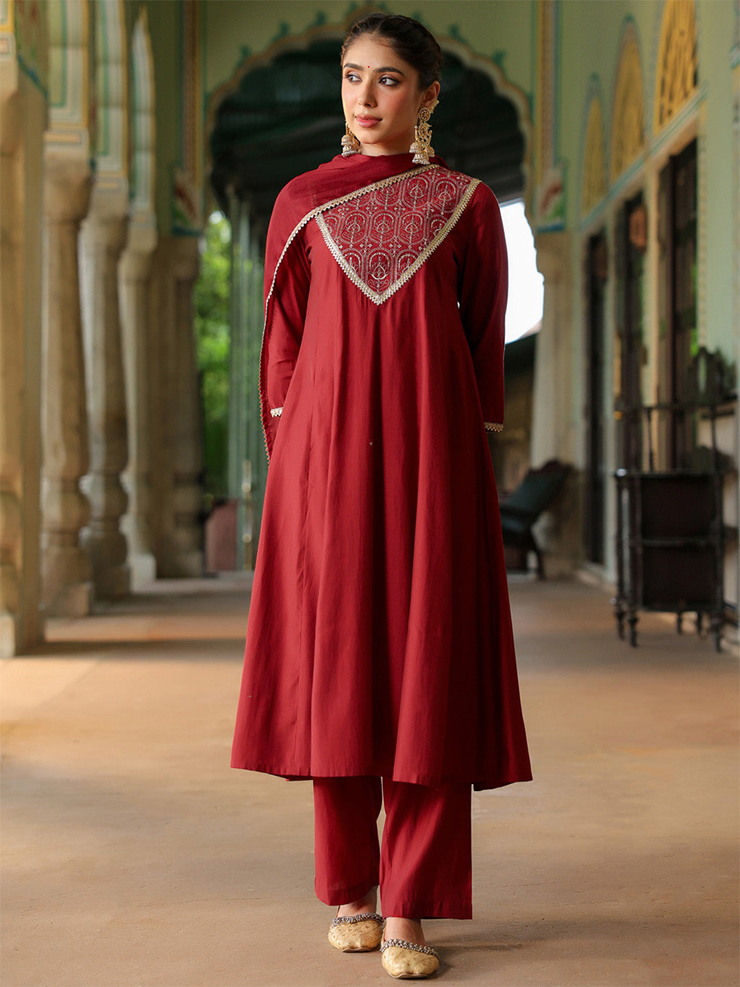 Ninnique Women's Maroon Chanderi Silk Embroidered Anarkali Kurta Set