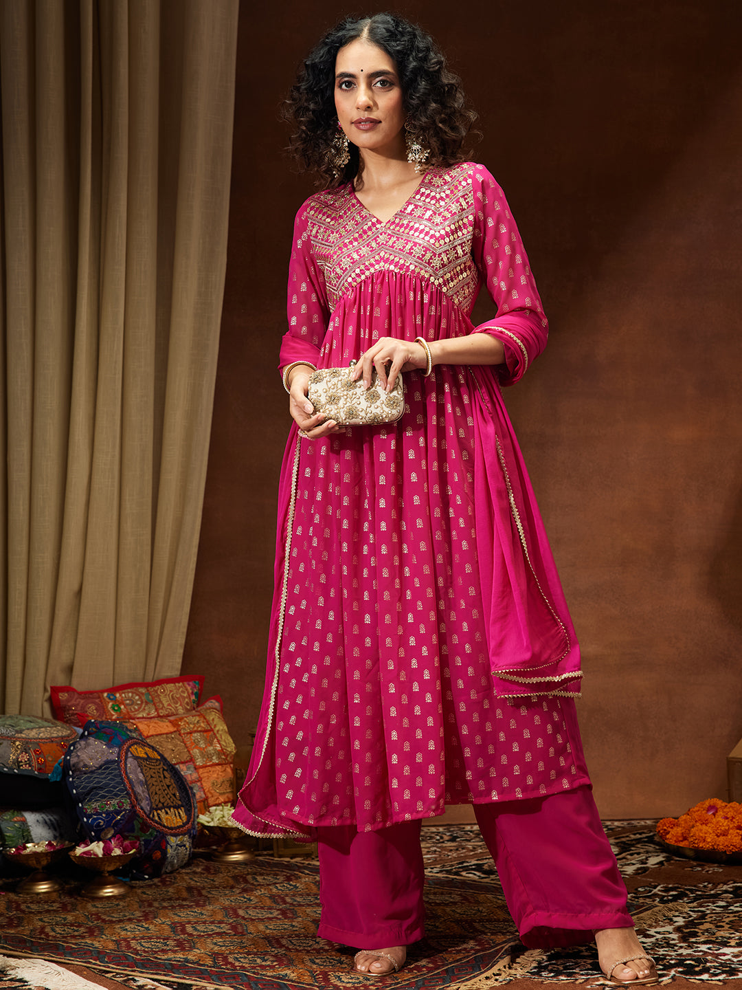 Ninnique Women's Pink Georgette Embellished Gold Printed A-line Kurta With Palazzo & Dupatta Set