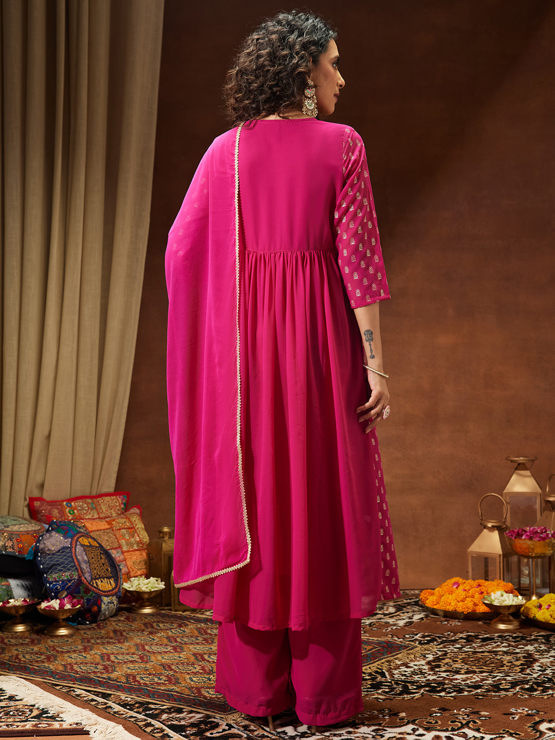 Ninnique Women's Pink Georgette Embellished Gold Printed A-line Kurta With Palazzo & Dupatta Set