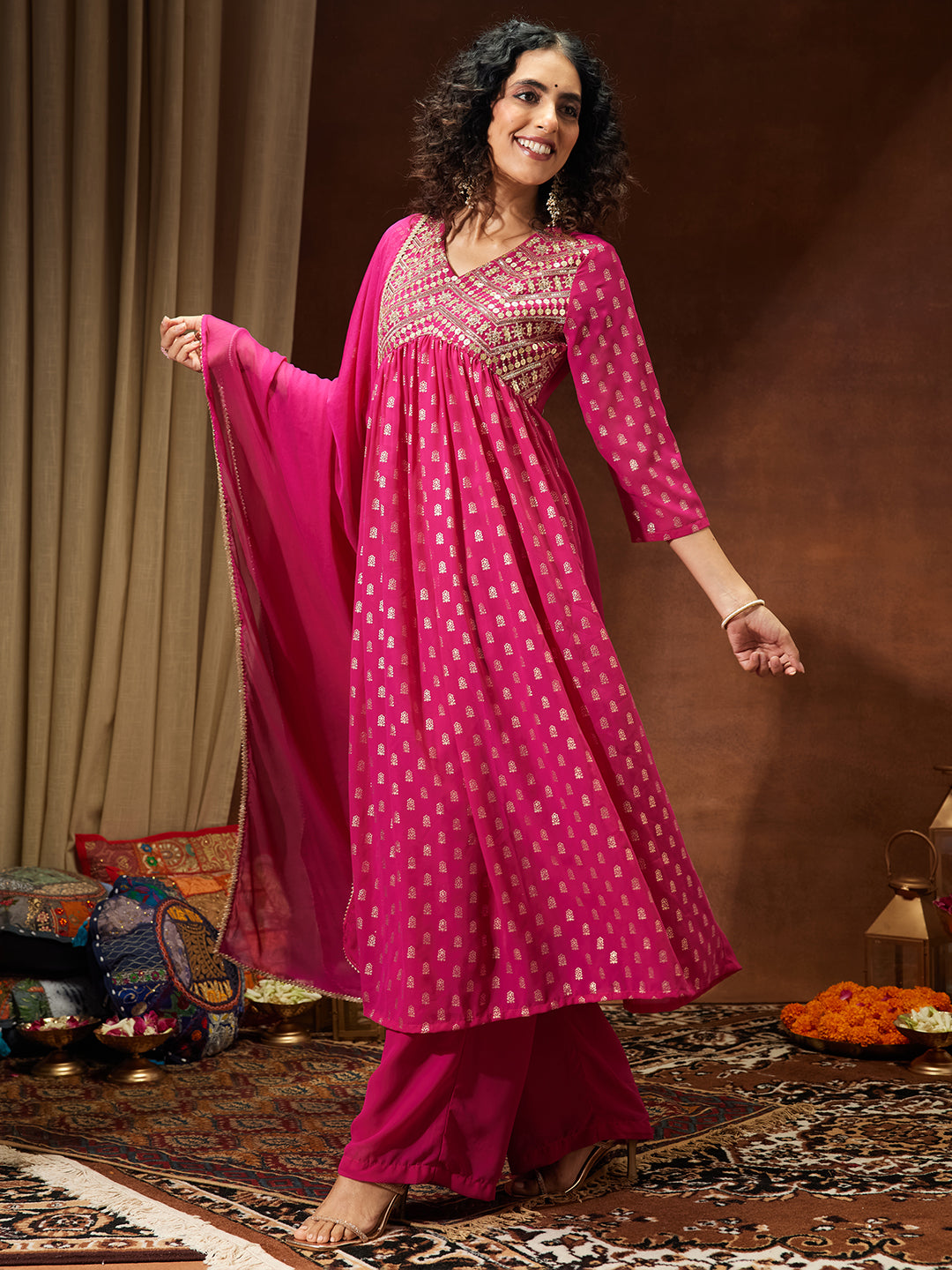 Ninnique Women's Pink Georgette Embellished Gold Printed A-line Kurta With Palazzo & Dupatta Set