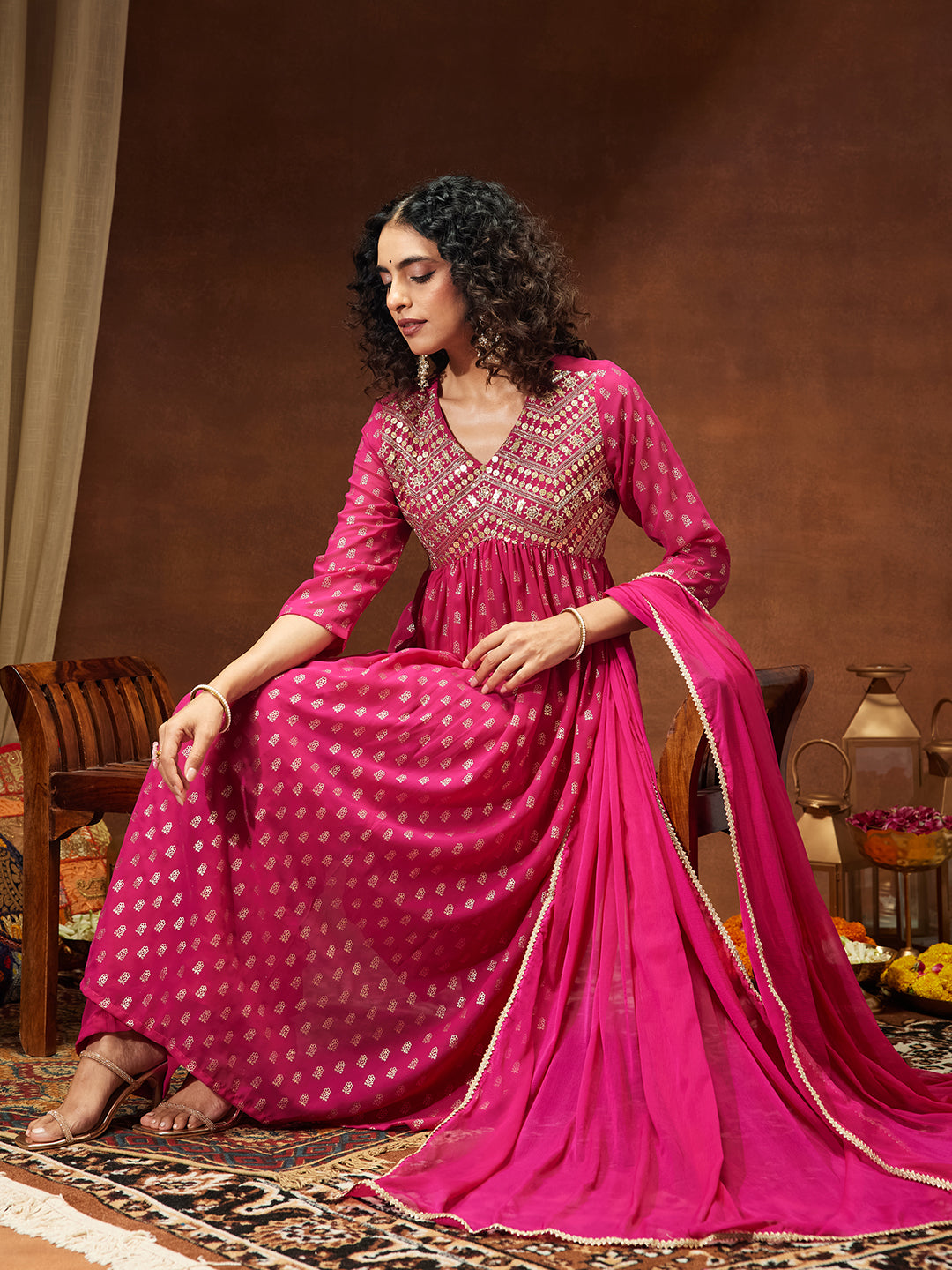 Ninnique Women's Pink Georgette Embellished Gold Printed A-line Kurta With Palazzo & Dupatta Set