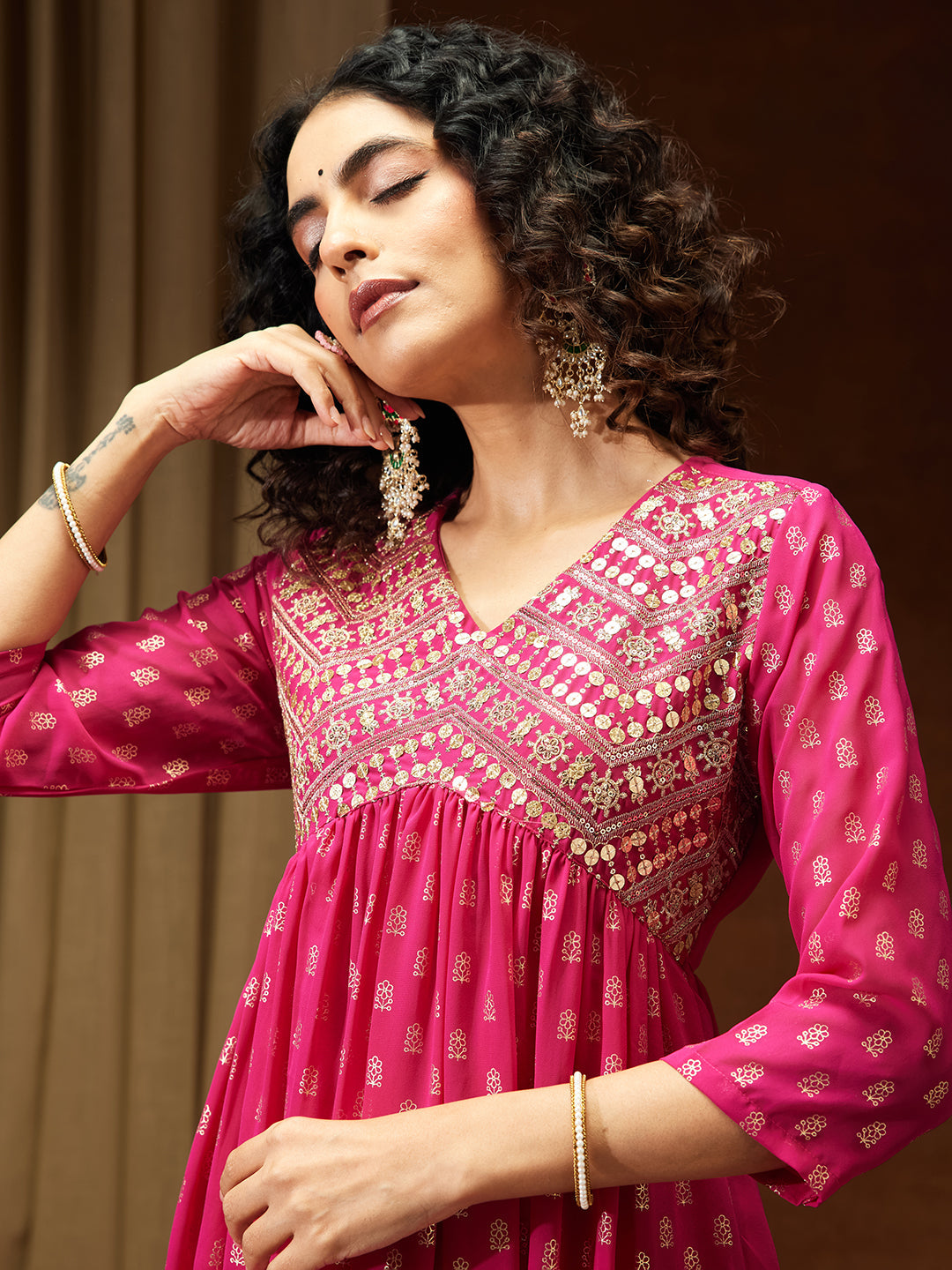 Ninnique Women's Pink Georgette Embellished Gold Printed A-line Kurta With Palazzo & Dupatta Set