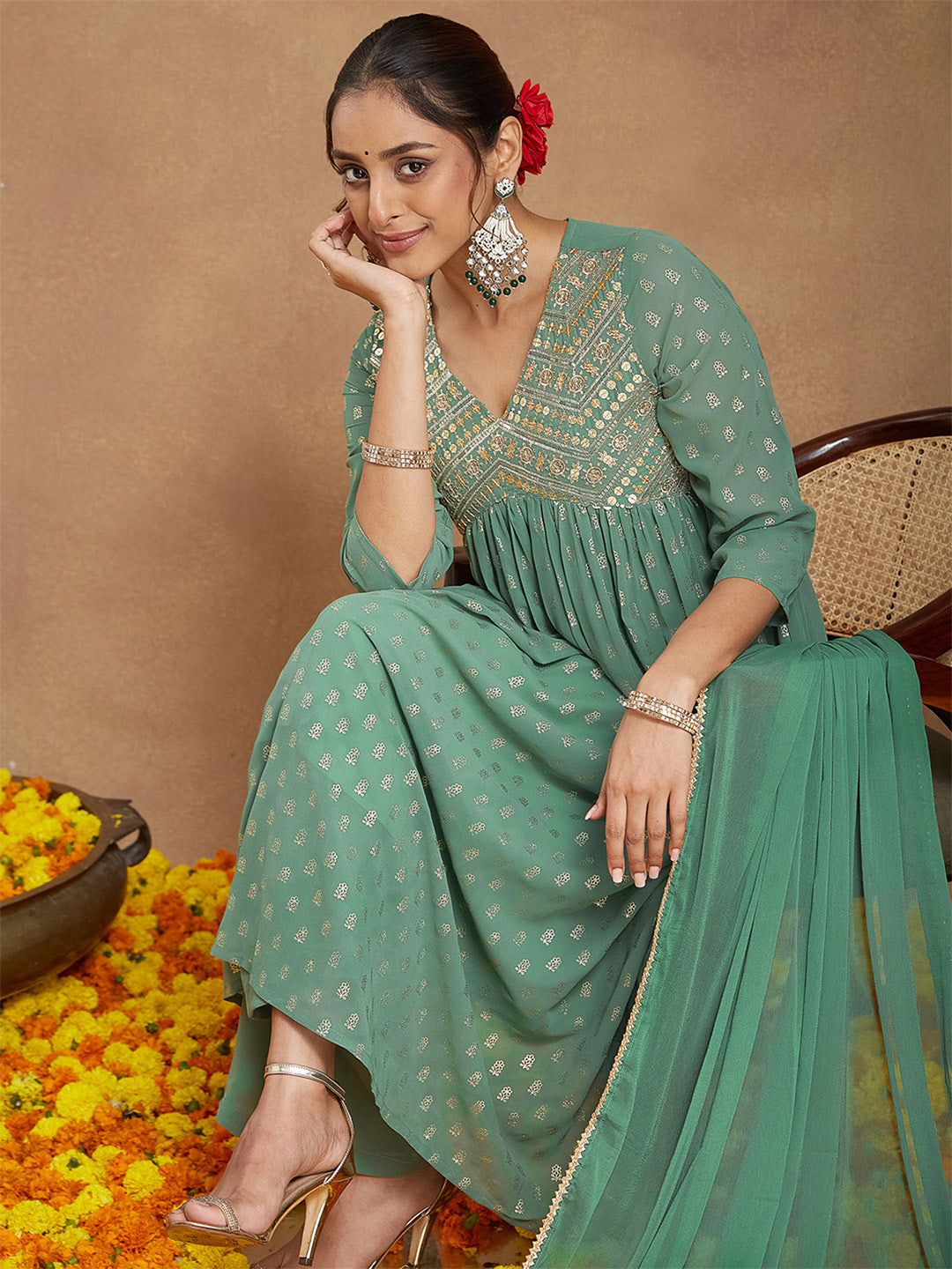 Ninnique Women's Sage Green Georgette Embellished Gold Printed A-line Kurta Set