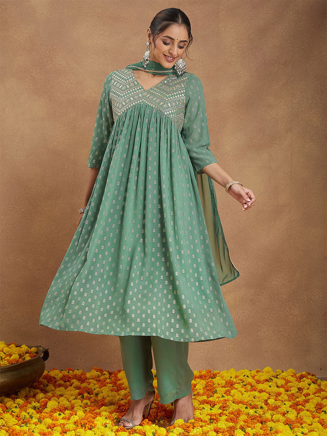 Ninnique Women's Sage Green Georgette Embellished Gold Printed A-line Kurta Set