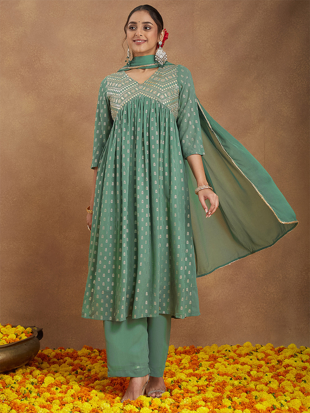 Ninnique Women's Sage Green Georgette Embellished Gold Printed A-line Kurta Set