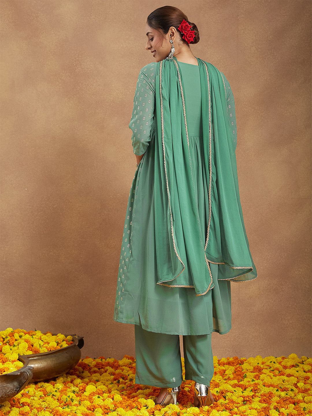 Ninnique Women's Sage Green Georgette Embellished Gold Printed A-line Kurta Set