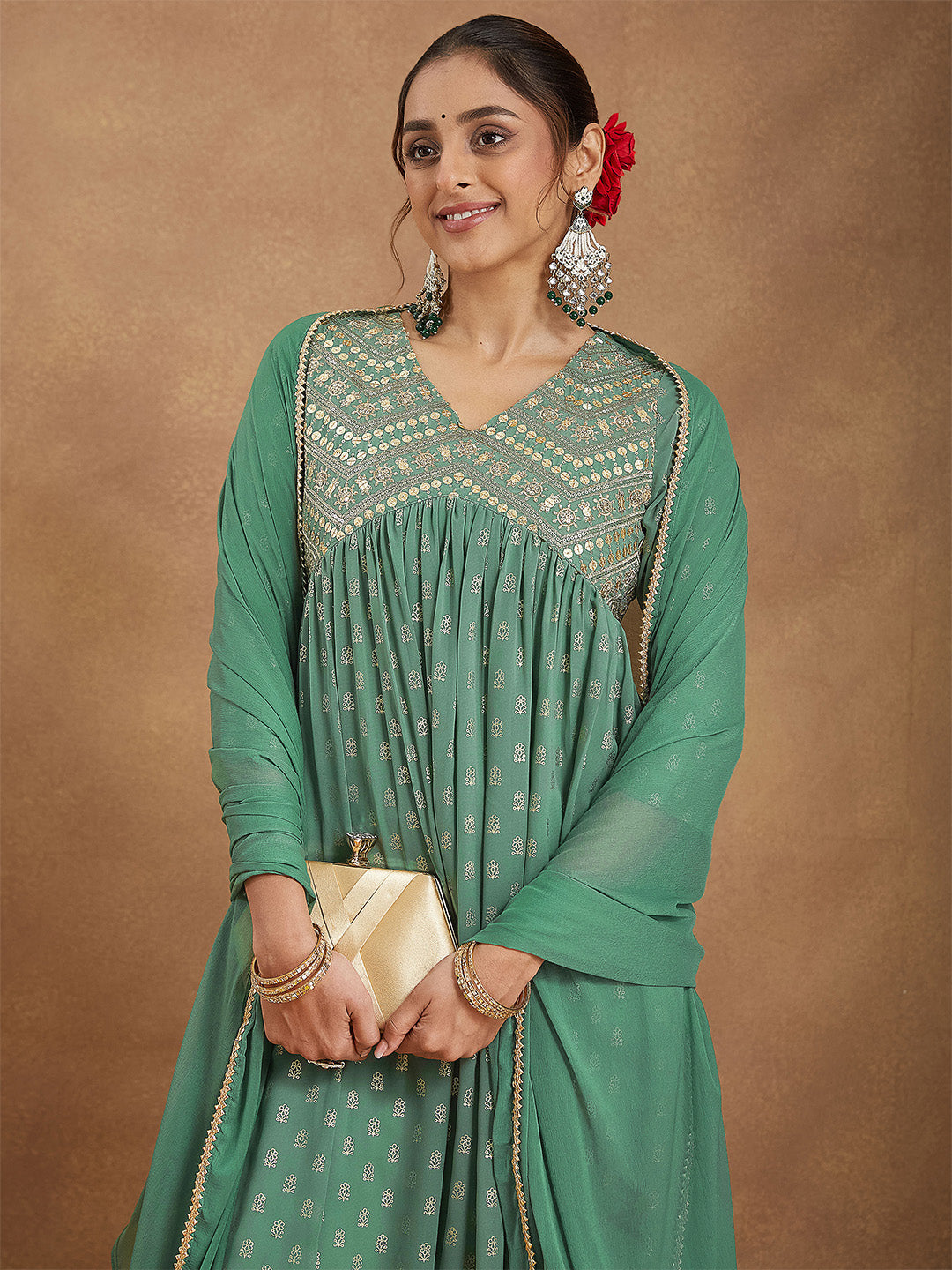 Ninnique Women's Sage Green Georgette Embellished Gold Printed A-line Kurta Set