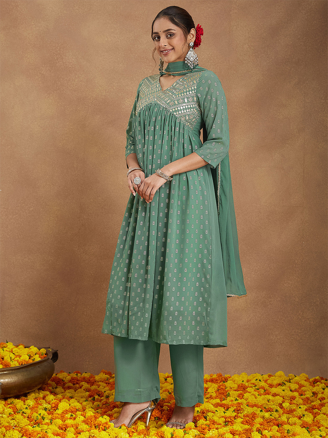 Ninnique Women's Sage Green Georgette Embellished Gold Printed A-line Kurta Set
