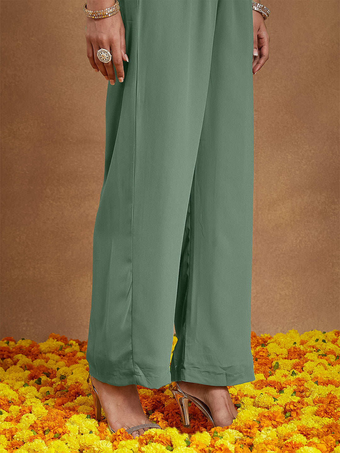 Ninnique Women's Sage Green Georgette Embellished Gold Printed A-line Kurta Set