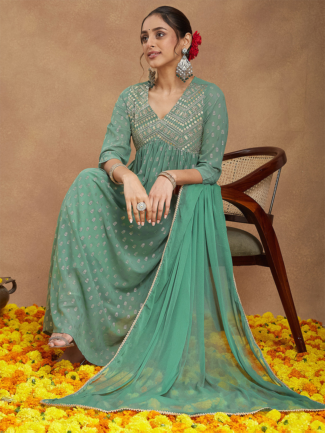 Ninnique Women's Sage Green Georgette Embellished Gold Printed A-line Kurta Set