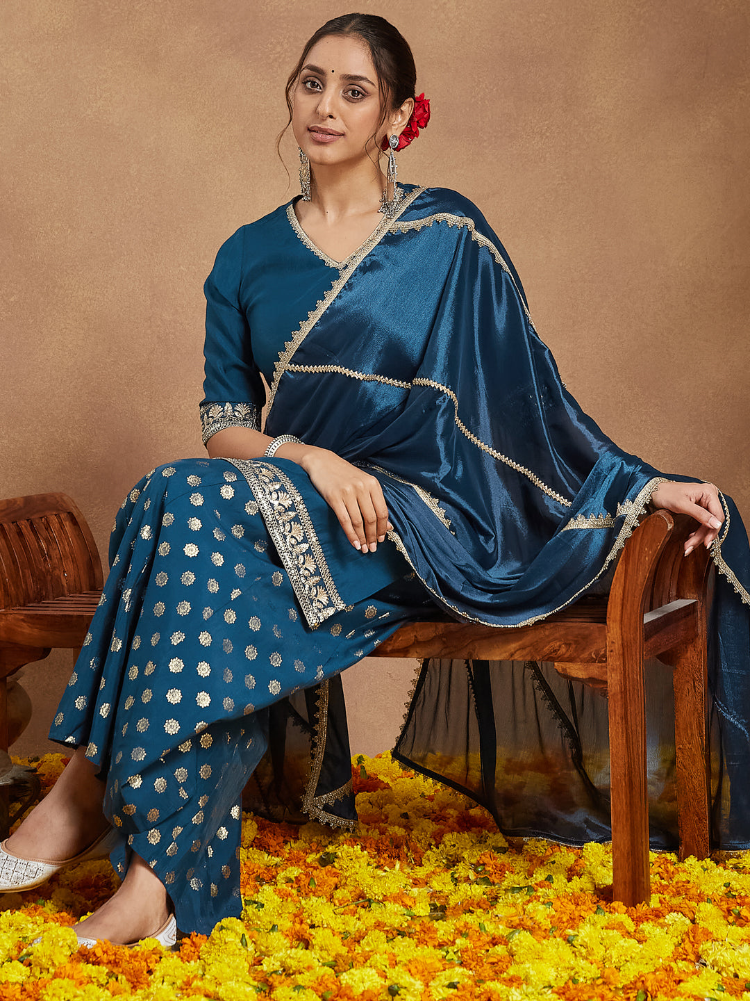 Ninnique Women's Teal Blue Silk Blend Embellished Straight Kurta With Sharaa & Dupatta Set