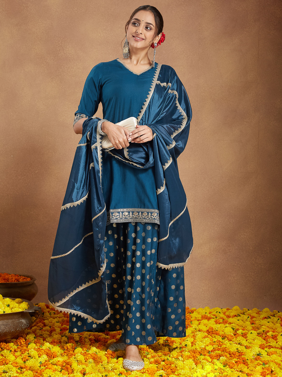 Ninnique Women's Teal Blue Silk Blend Embellished Straight Kurta With Sharaa & Dupatta Set