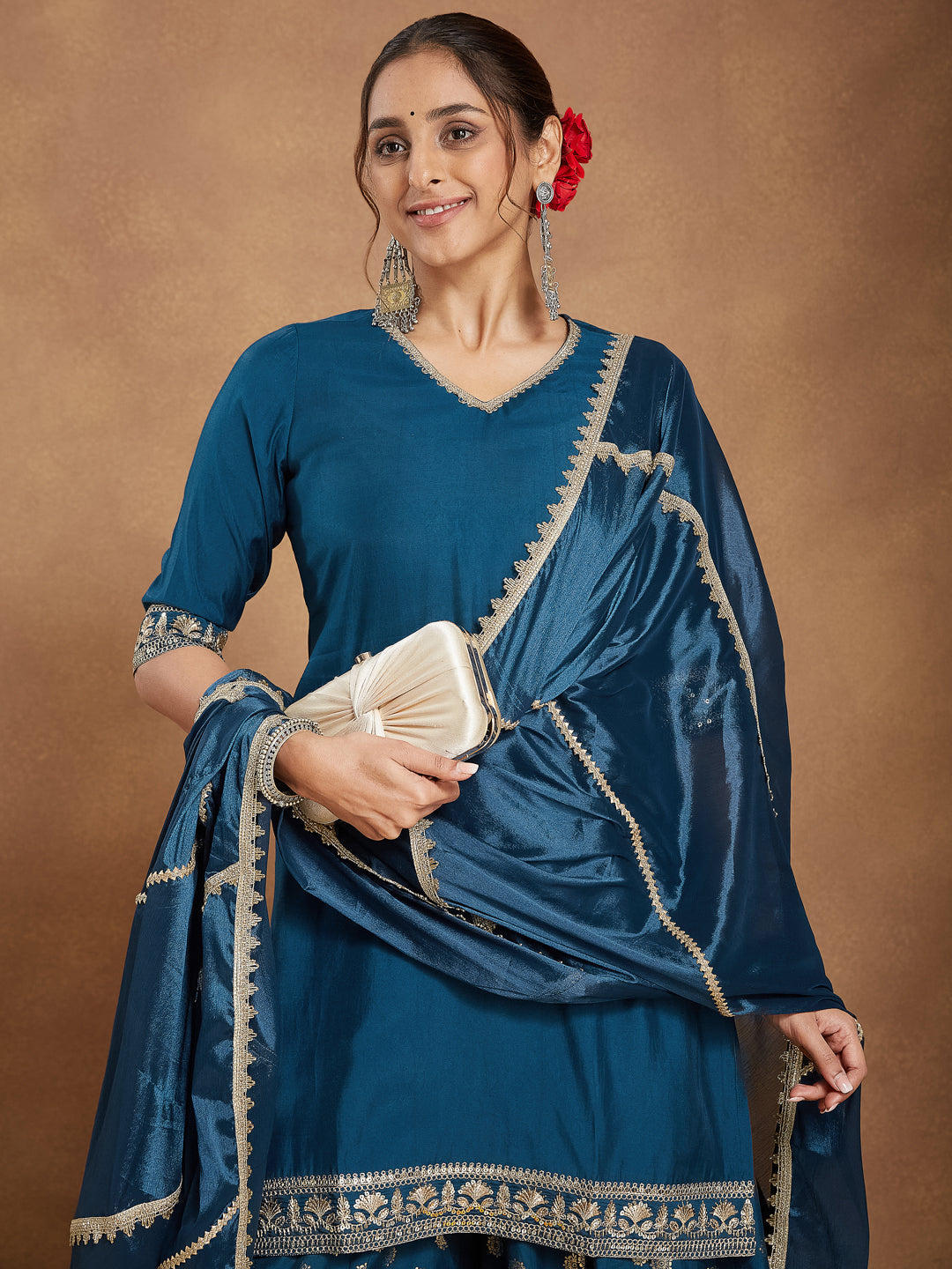 Ninnique Women's Teal Blue Silk Blend Embellished Straight Kurta With Sharaa & Dupatta Set