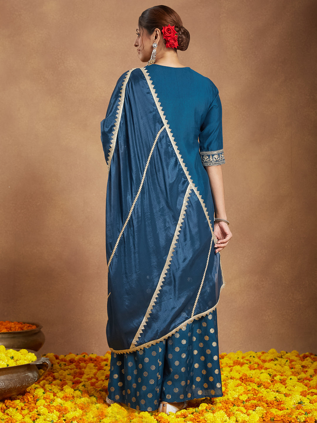Ninnique Women's Teal Blue Silk Blend Embellished Straight Kurta With Sharaa & Dupatta Set