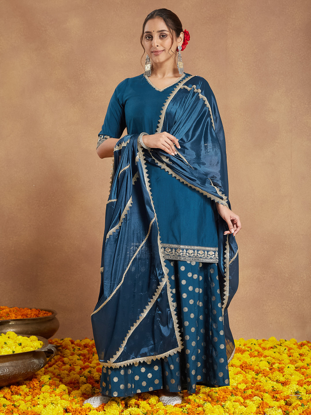 Ninnique Women's Teal Blue Silk Blend Embellished Straight Kurta With Sharaa & Dupatta Set