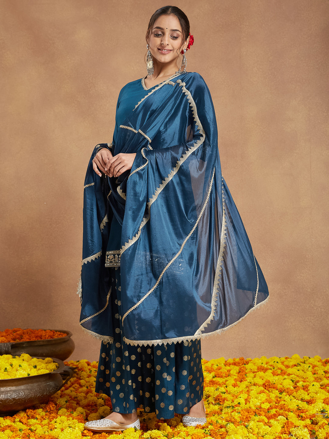 Ninnique Women's Teal Blue Silk Blend Embellished Straight Kurta With Sharaa & Dupatta Set