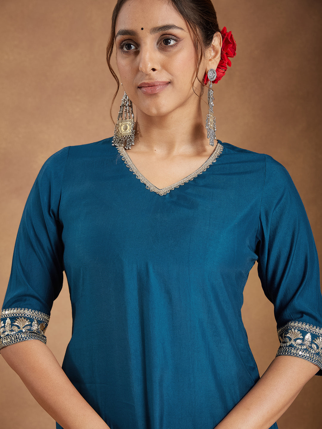 Ninnique Women's Teal Blue Silk Blend Embellished Straight Kurta With Sharaa & Dupatta Set