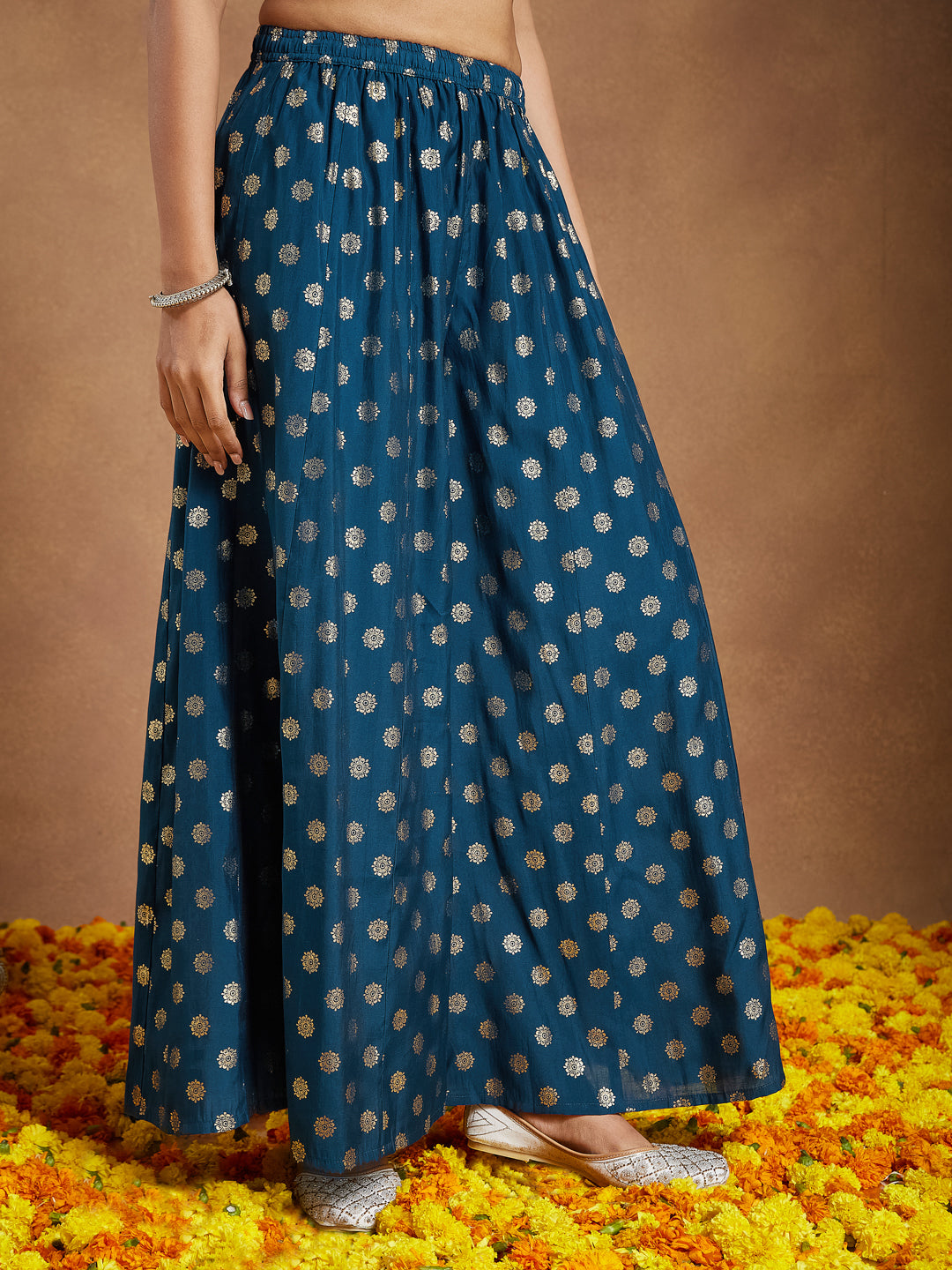 Ninnique Women's Teal Blue Silk Blend Embellished Straight Kurta With Sharaa & Dupatta Set