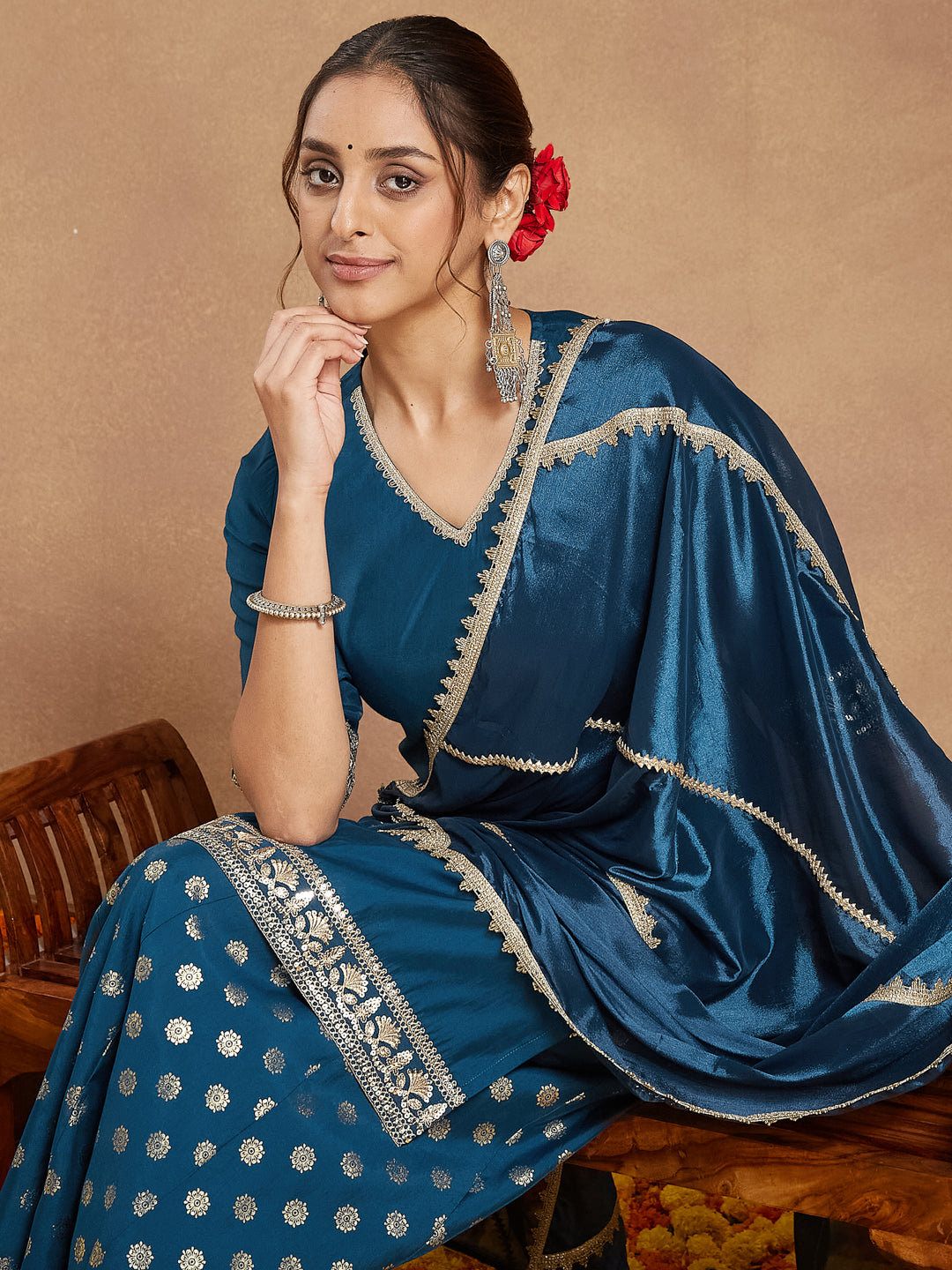 Ninnique Women's Teal Blue Silk Blend Embellished Straight Kurta With Sharaa & Dupatta Set