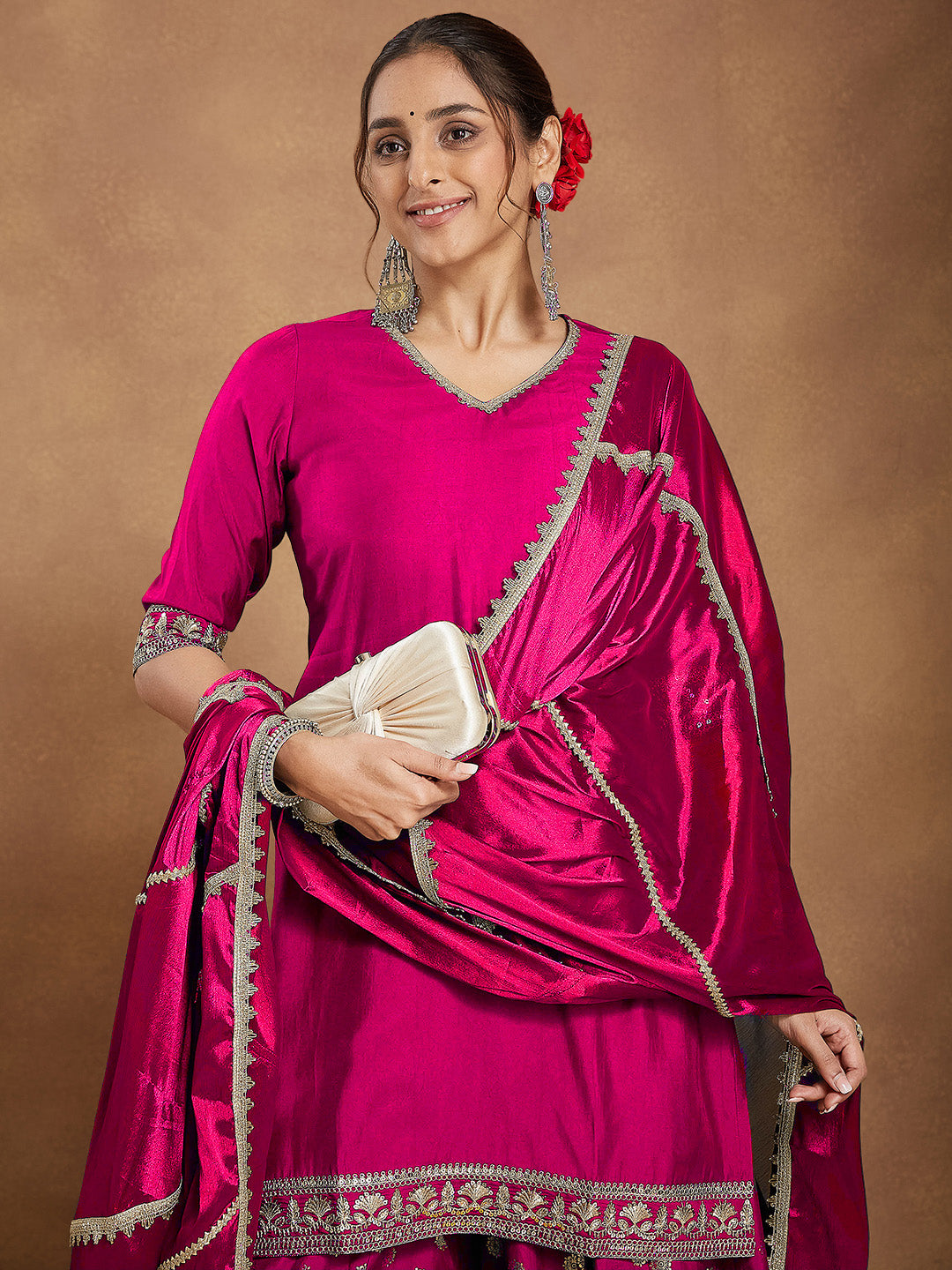 Ninnique Women's Pink Silk Blend Embellished Straight Kurta With Sharara & Dupatta Set
