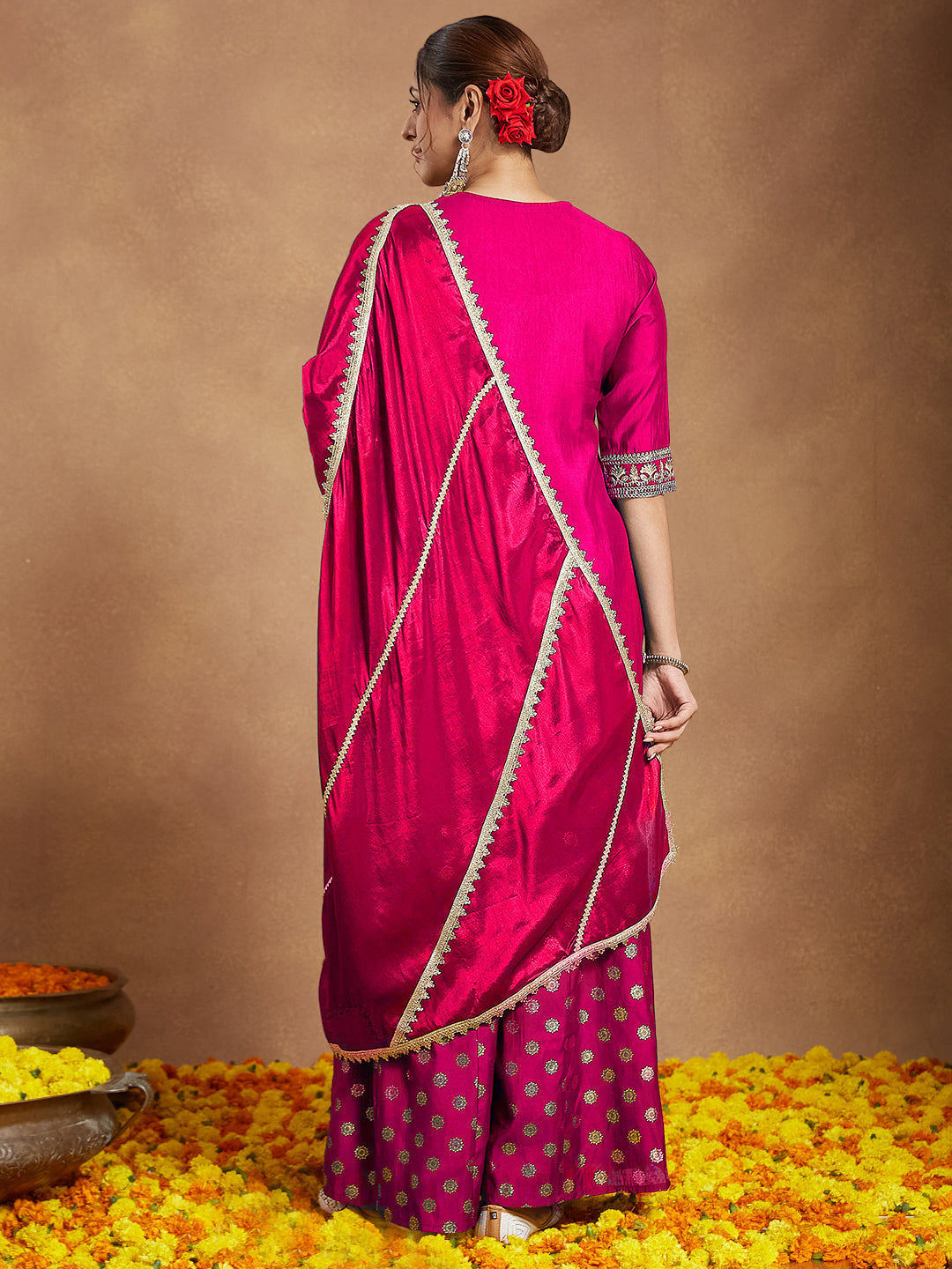 Ninnique Women's Pink Silk Blend Embellished Straight Kurta With Sharara & Dupatta Set