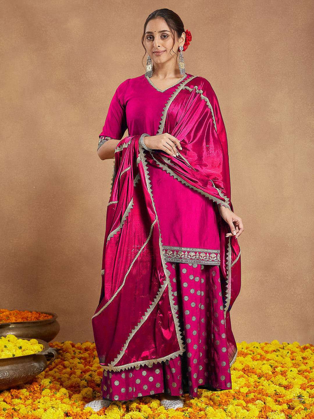 Ninnique Women's Pink Silk Blend Embellished Straight Kurta With Sharara & Dupatta Set