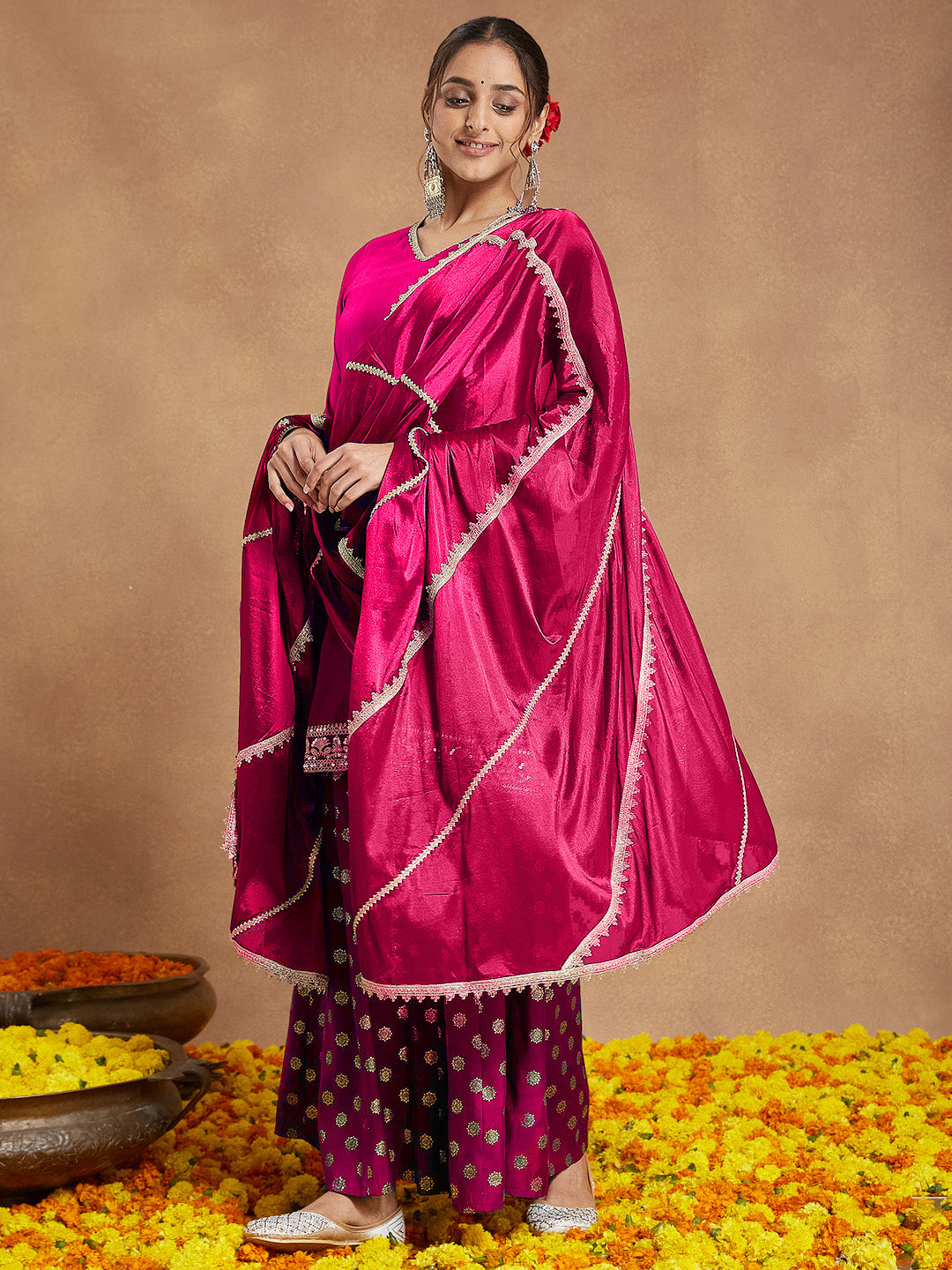 Ninnique Women's Pink Silk Blend Embellished Straight Kurta With Sharara & Dupatta Set