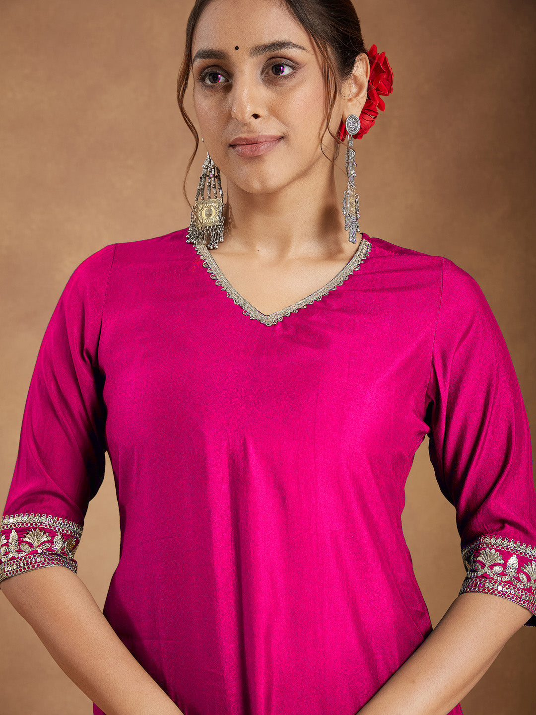 Ninnique Women's Pink Silk Blend Embellished Straight Kurta With Sharara & Dupatta Set