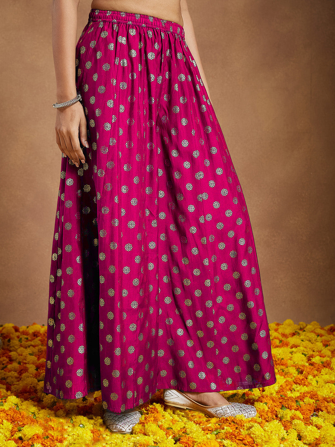 Ninnique Women's Pink Silk Blend Embellished Straight Kurta With Sharara & Dupatta Set